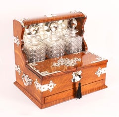 Antique Blonde Oak Tantalus 3 Decanter Dry Bar Games Compendium 19th Century