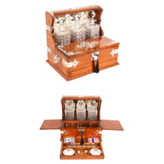 Antique Blonde Oak Tantalus 3 Decanter Dry Bar Games Compendium 19th Century