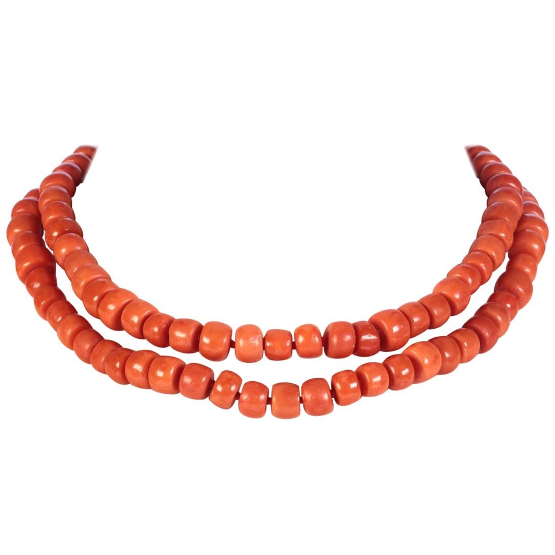 Antique 108 Blood Coral Long Necklace with Thick Beads, 1900s For Sale