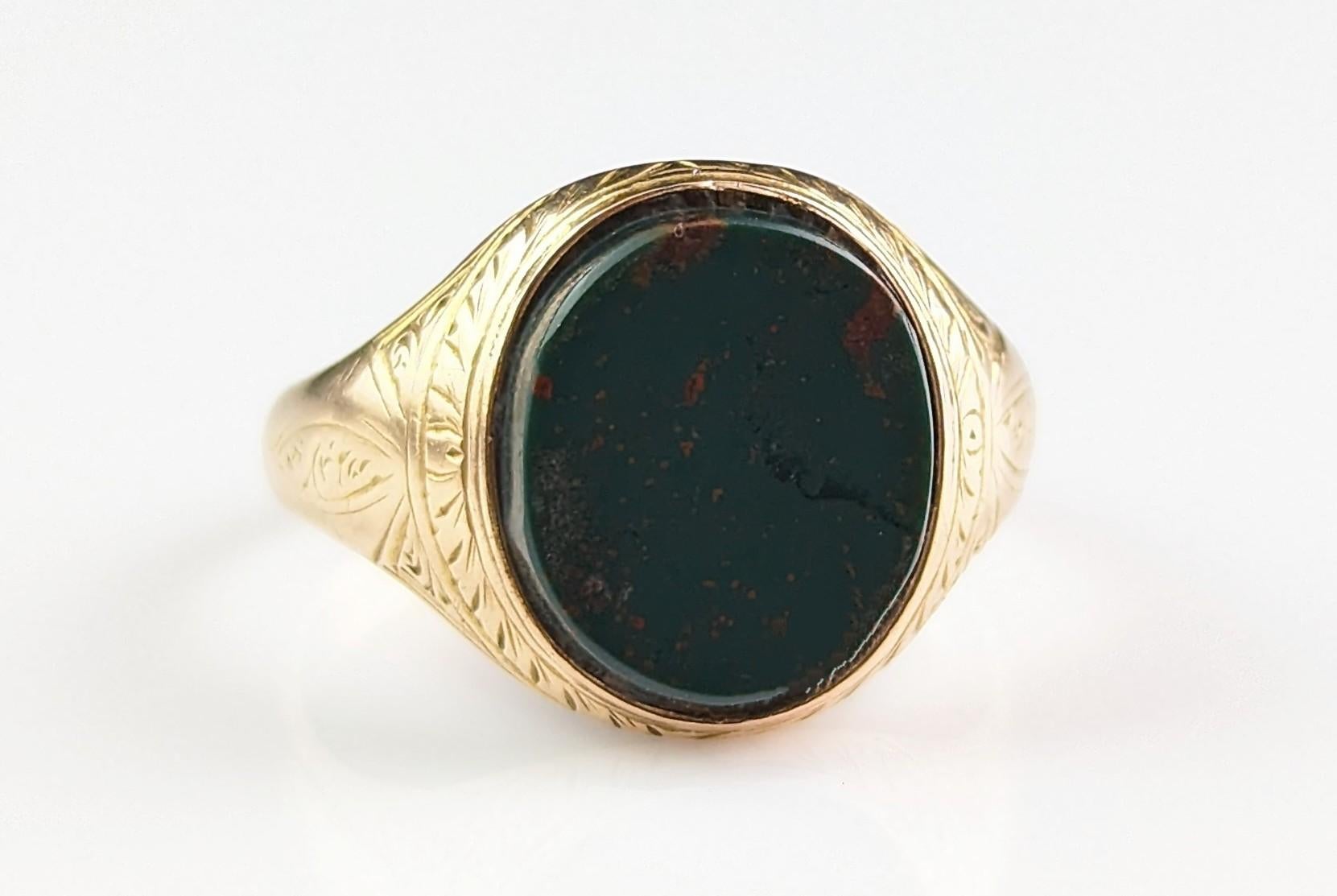 Antique Bloodstone Signet Ring, 15k Yellow Gold, Engraved, Victorian  6