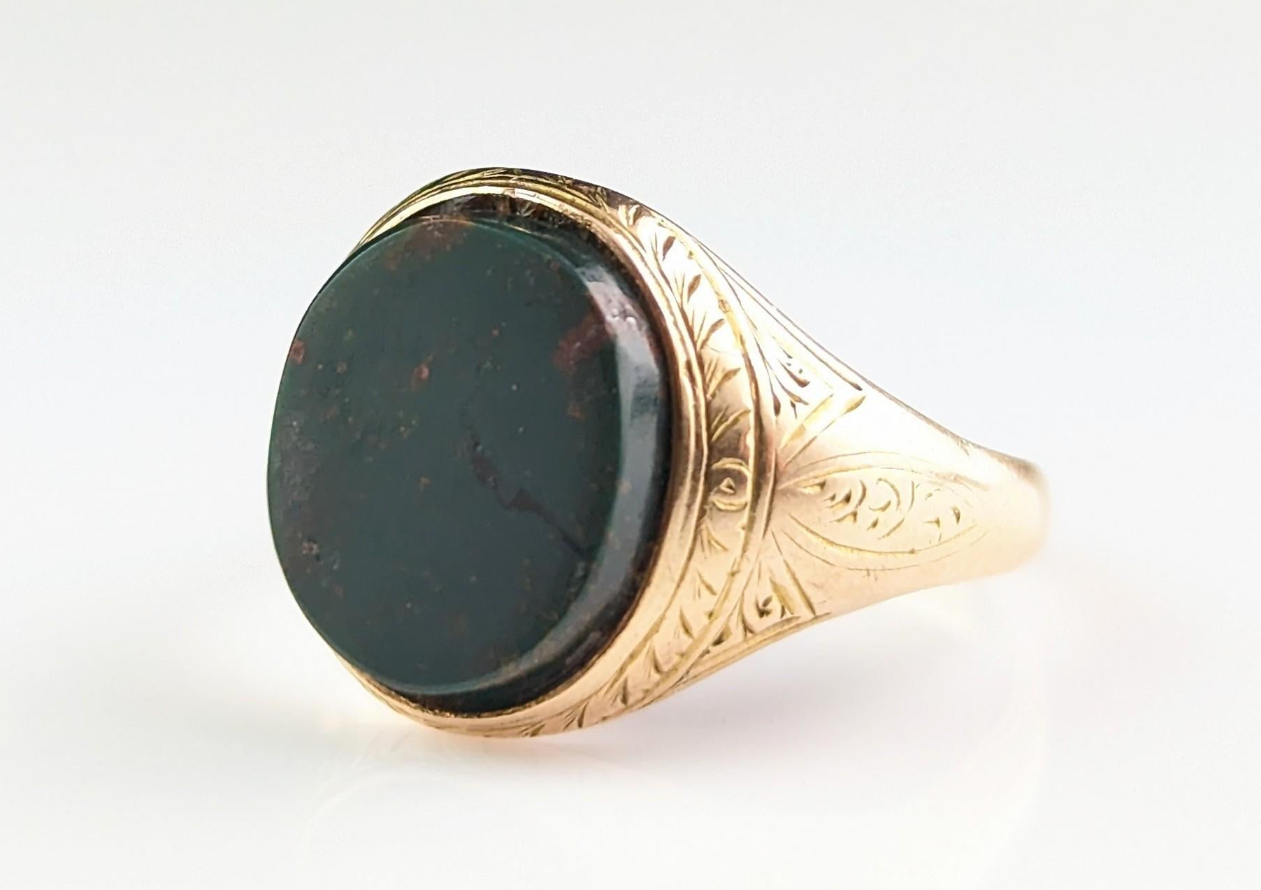Antique Bloodstone Signet Ring, 15k Yellow Gold, Engraved, Victorian  7