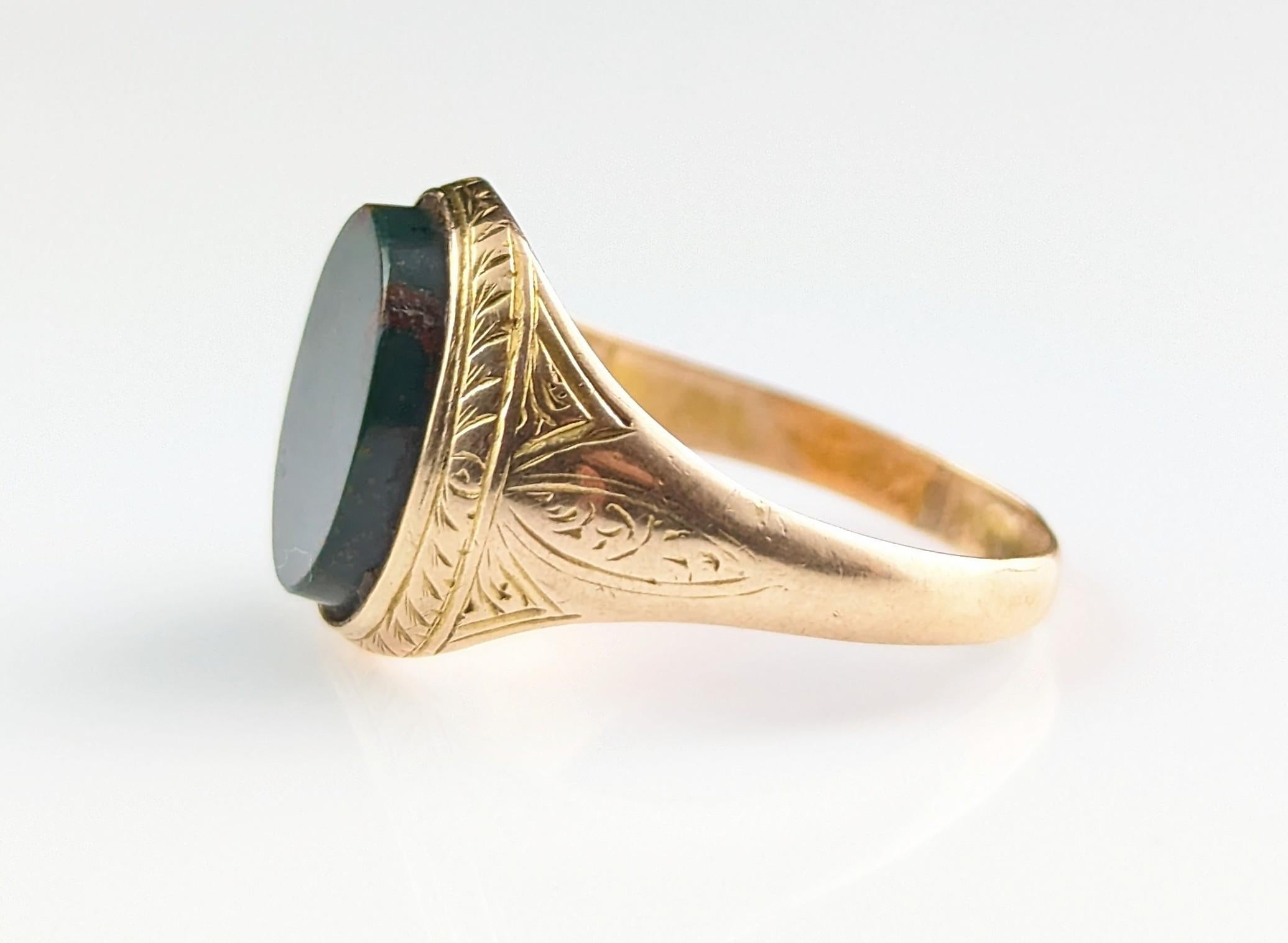 Antique Bloodstone Signet Ring, 15k Yellow Gold, Engraved, Victorian  10