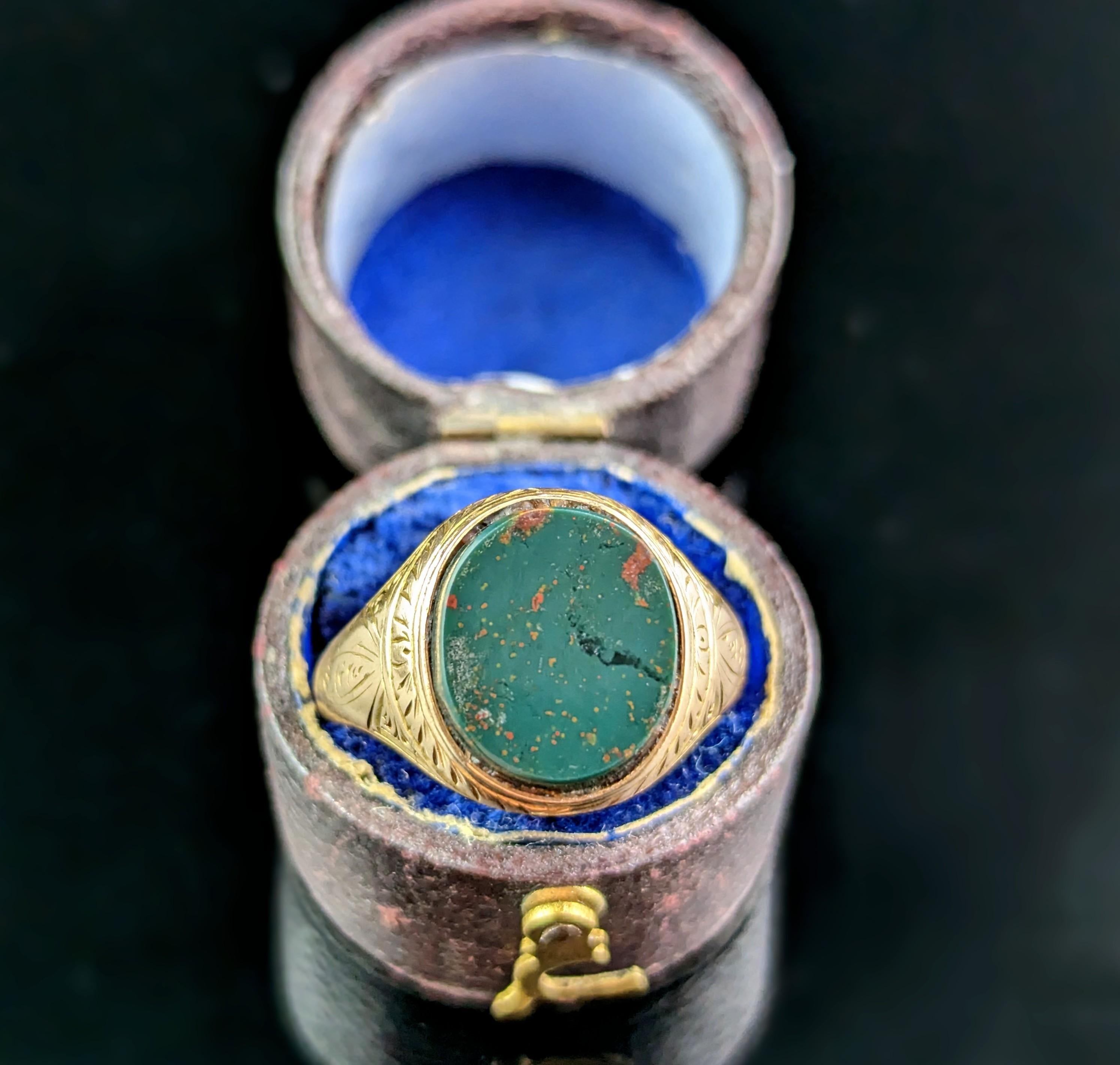 Antique Bloodstone Signet Ring, 15k Yellow Gold, Engraved, Victorian  1