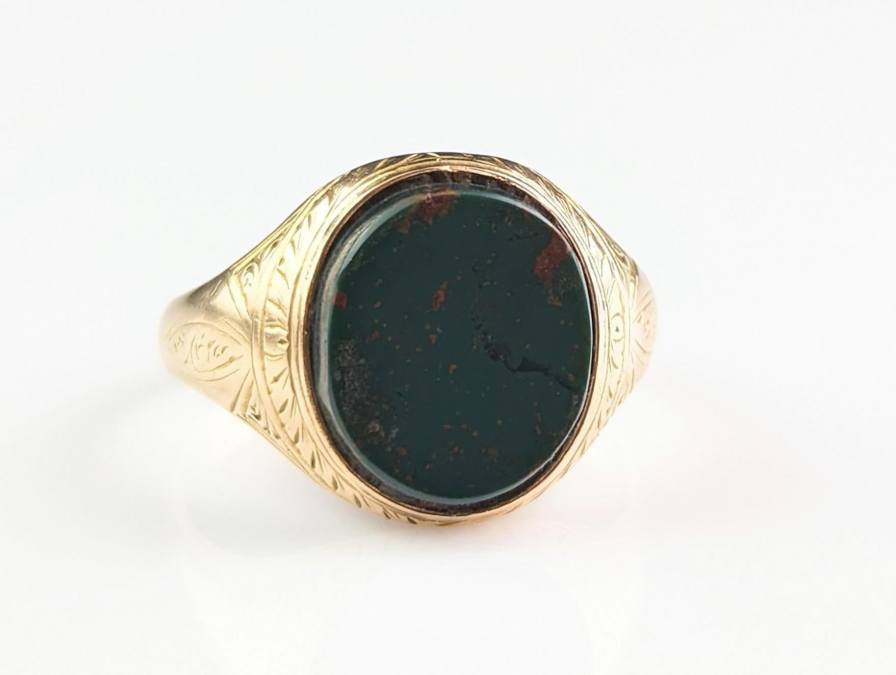 Antique Bloodstone Signet Ring, 15k Yellow Gold, Engraved, Victorian  5