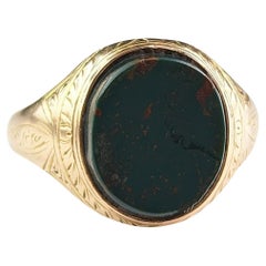 Antique Bloodstone Signet Ring, 15k Yellow Gold, Engraved, Victorian 