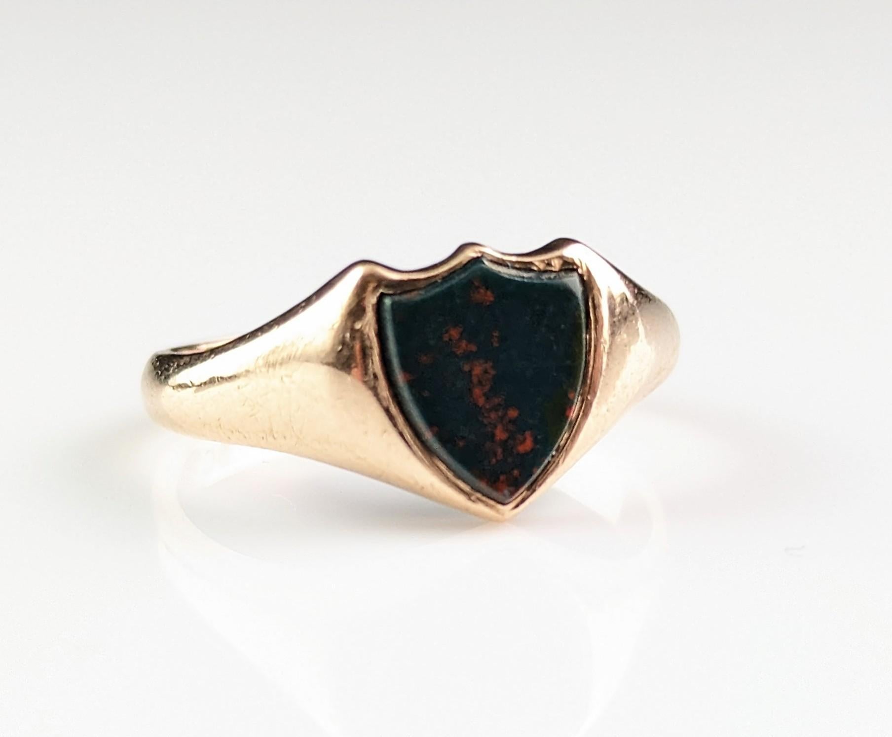 Antique Bloodstone Signet Ring, 9k Gold, Pinky Ring, Edwardian 7