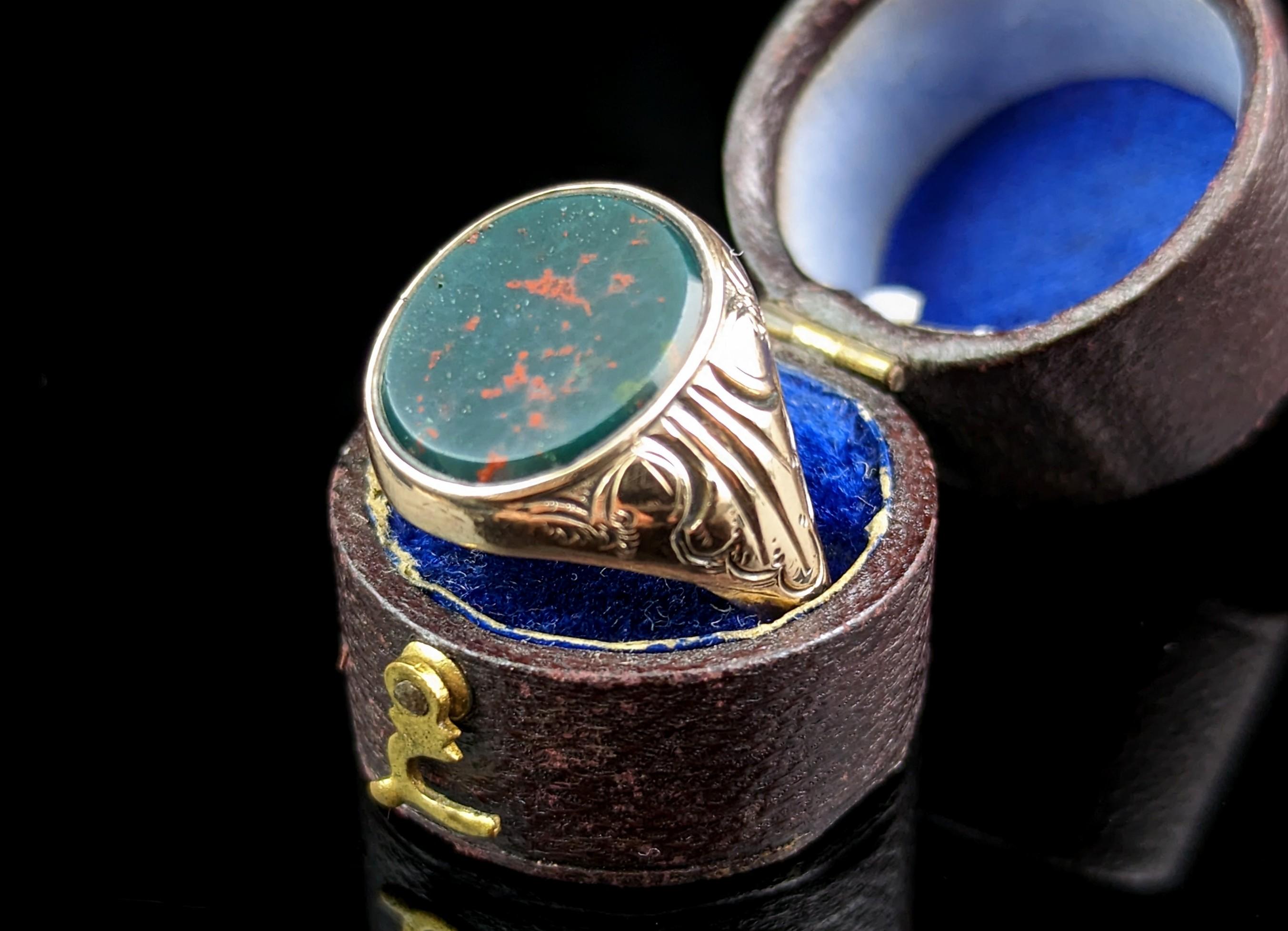 Antique Bloodstone Signet Ring, 9k Rose Gold, Art Deco 5