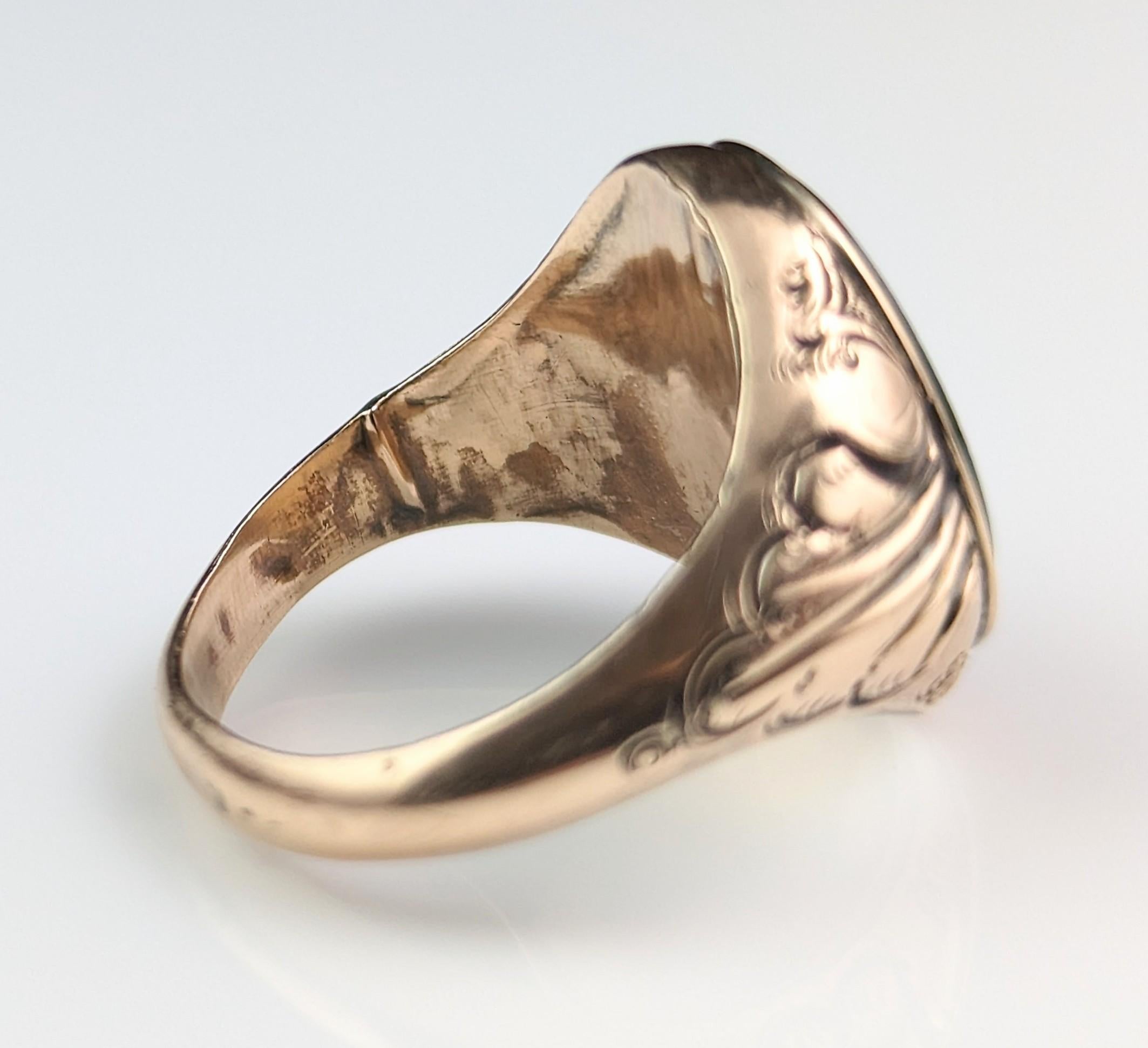 Antique Bloodstone Signet Ring, 9k Rose Gold, Art Deco 10