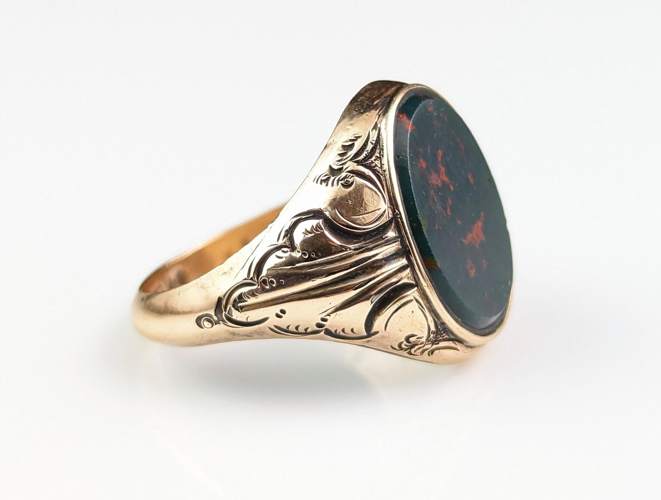 Antique Bloodstone Signet Ring, 9k Rose Gold, Art Deco 11