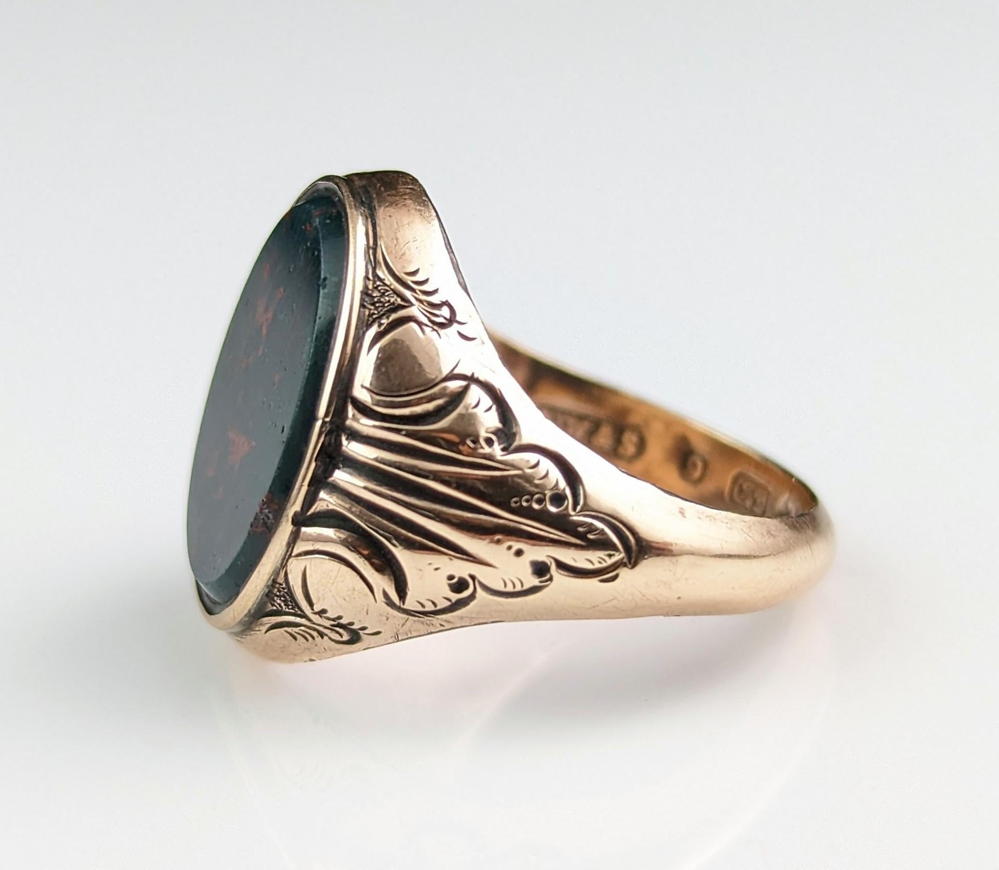 Antique Bloodstone Signet Ring, 9k Rose Gold, Art Deco 12