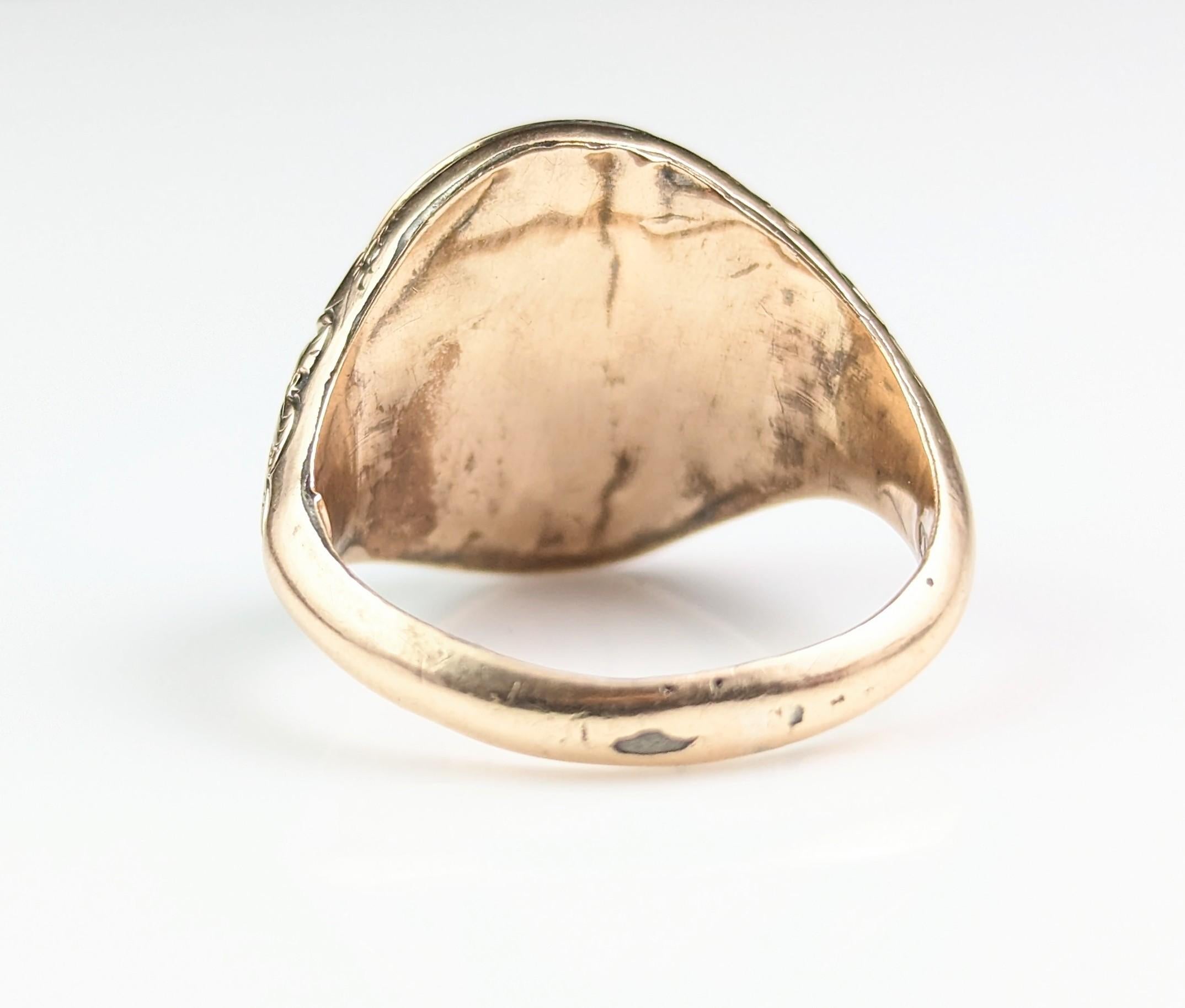 Antique Bloodstone Signet Ring, 9k Rose Gold, Art Deco 13