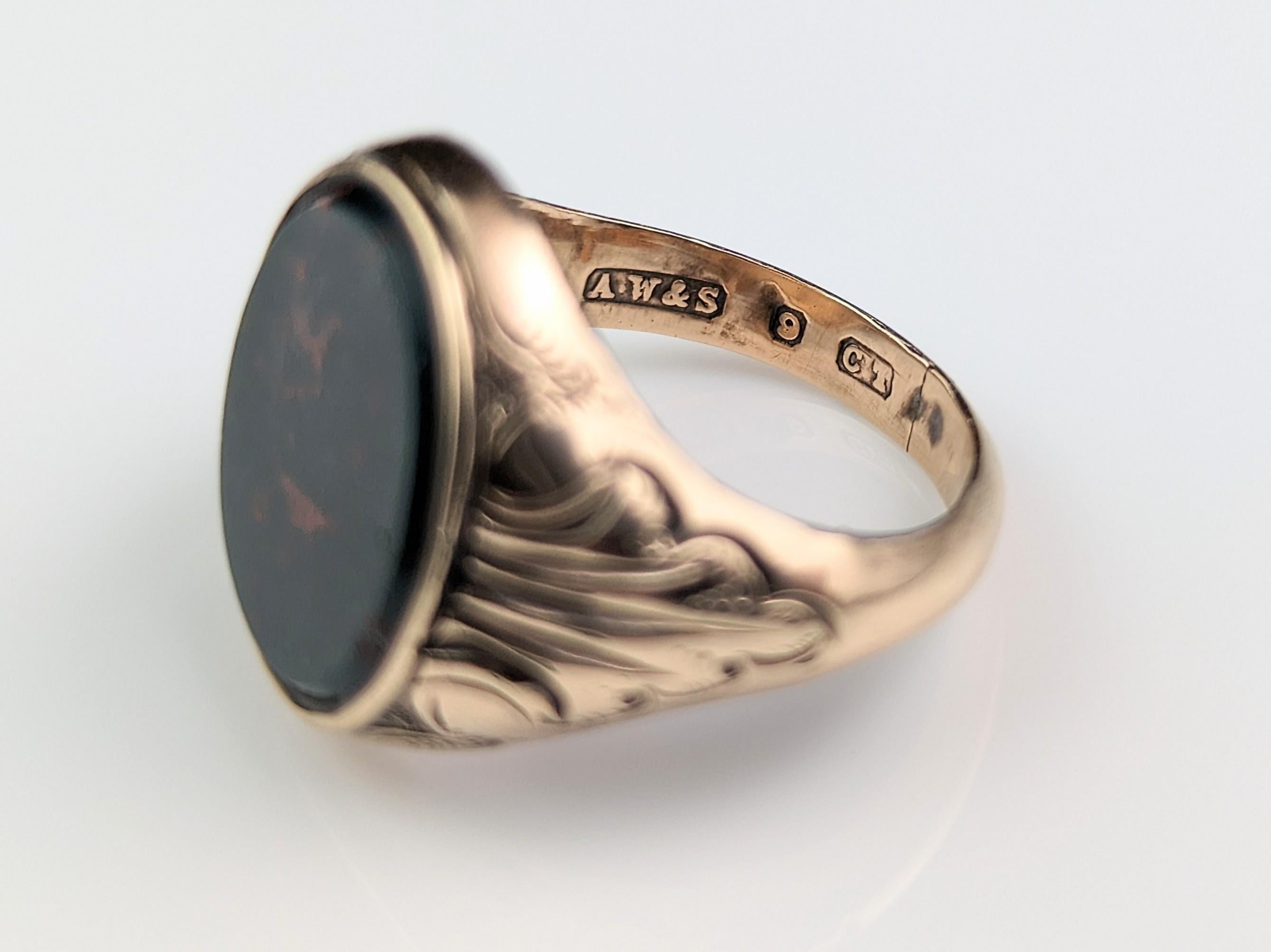 Antique Bloodstone Signet Ring, 9k Rose Gold, Art Deco 14