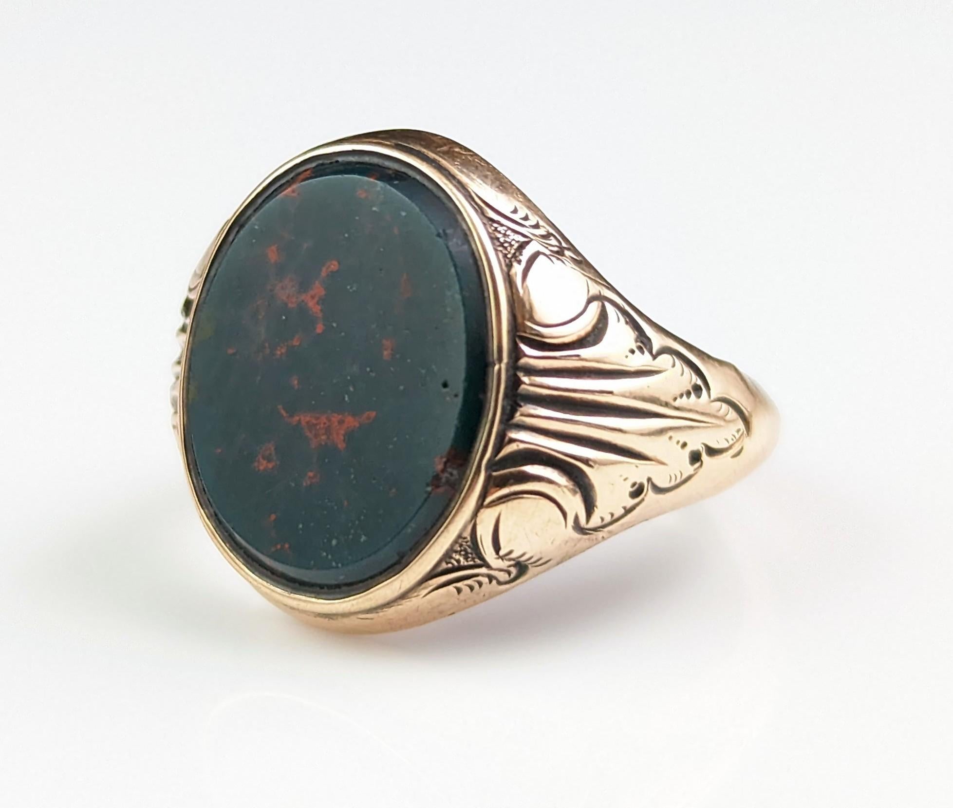 Antique Bloodstone Signet Ring, 9k Rose Gold, Art Deco 15
