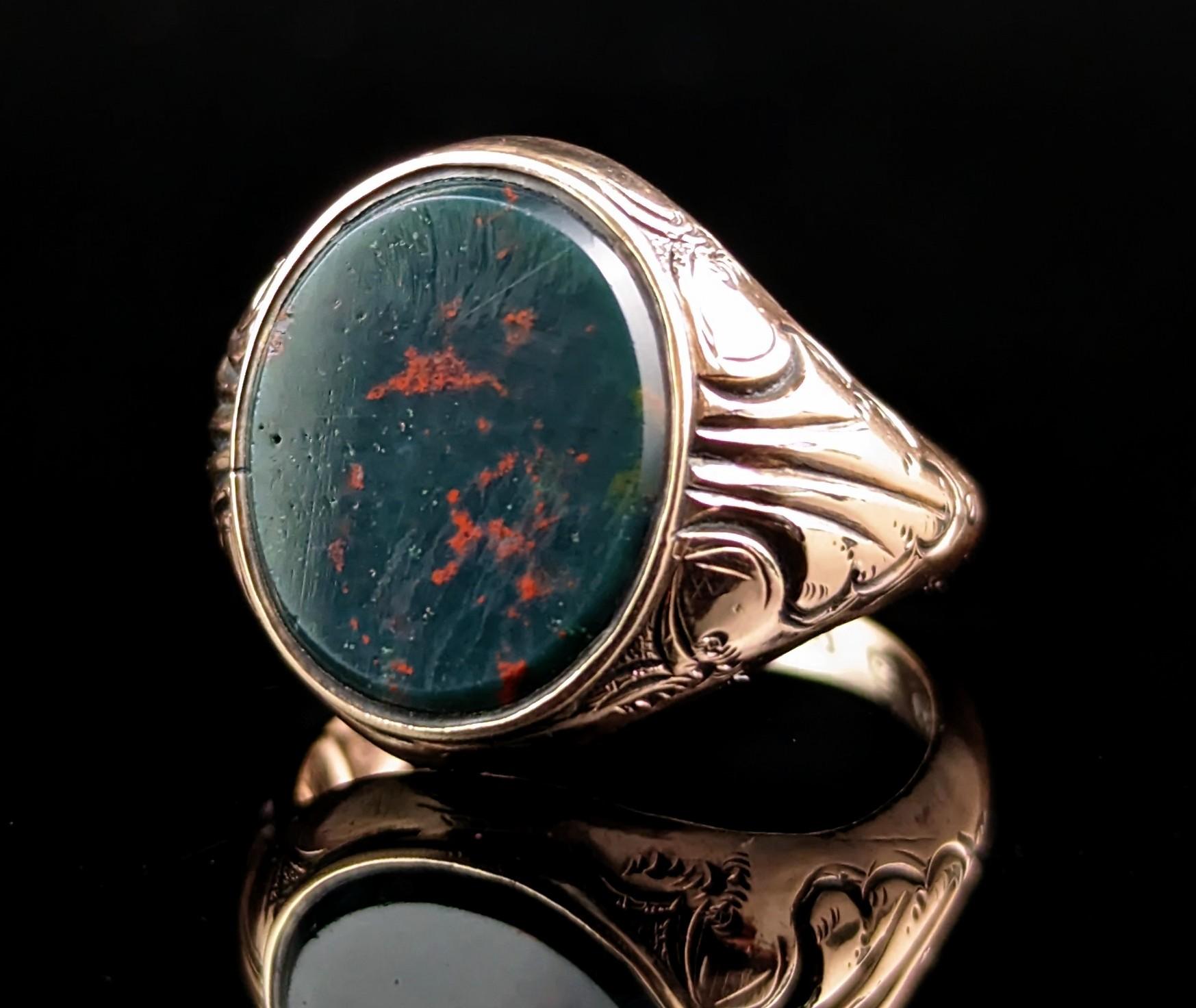 Antique Bloodstone Signet Ring, 9k Rose Gold, Art Deco In Fair Condition In NEWARK, GB