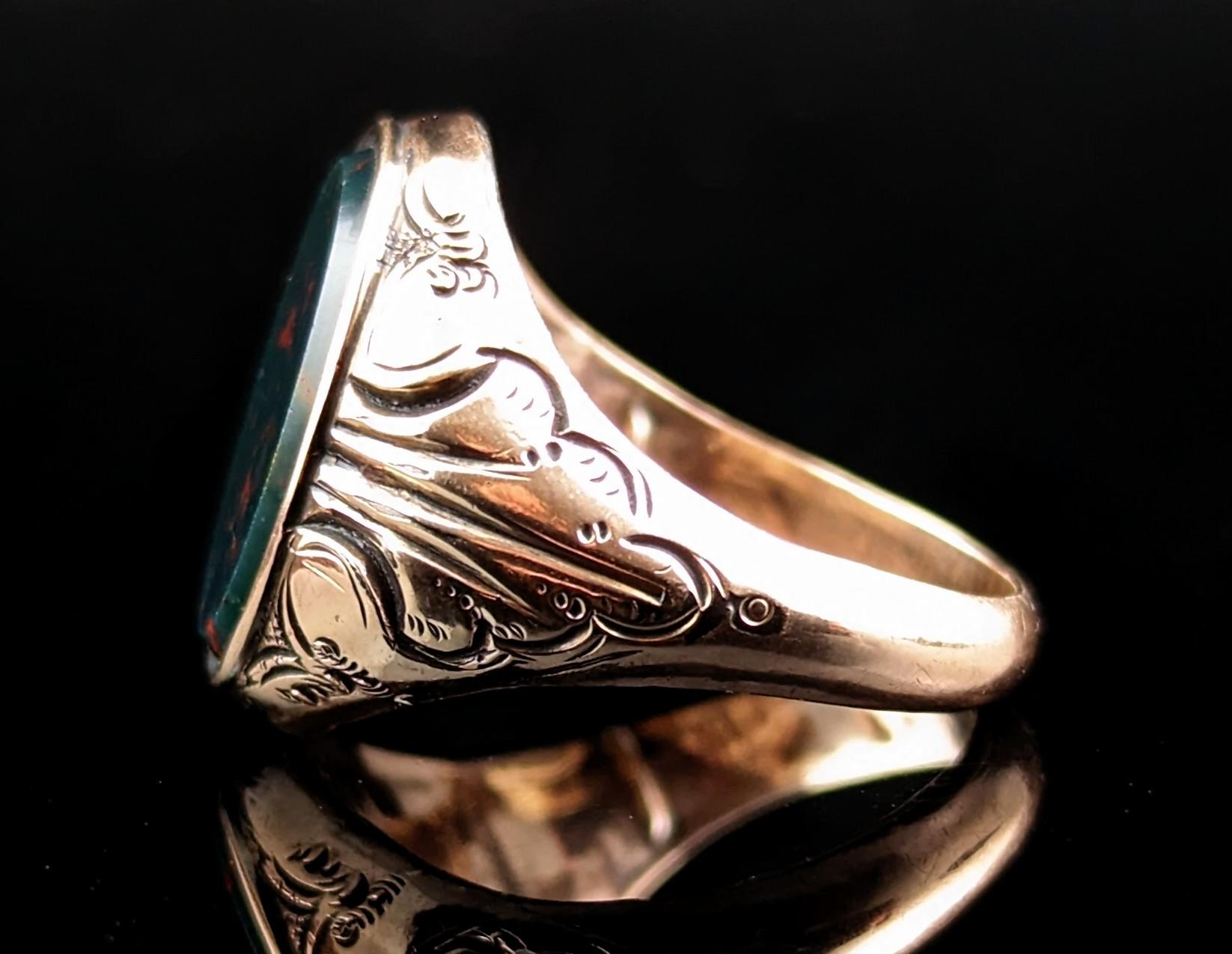 Women's or Men's Antique Bloodstone Signet Ring, 9k Rose Gold, Art Deco