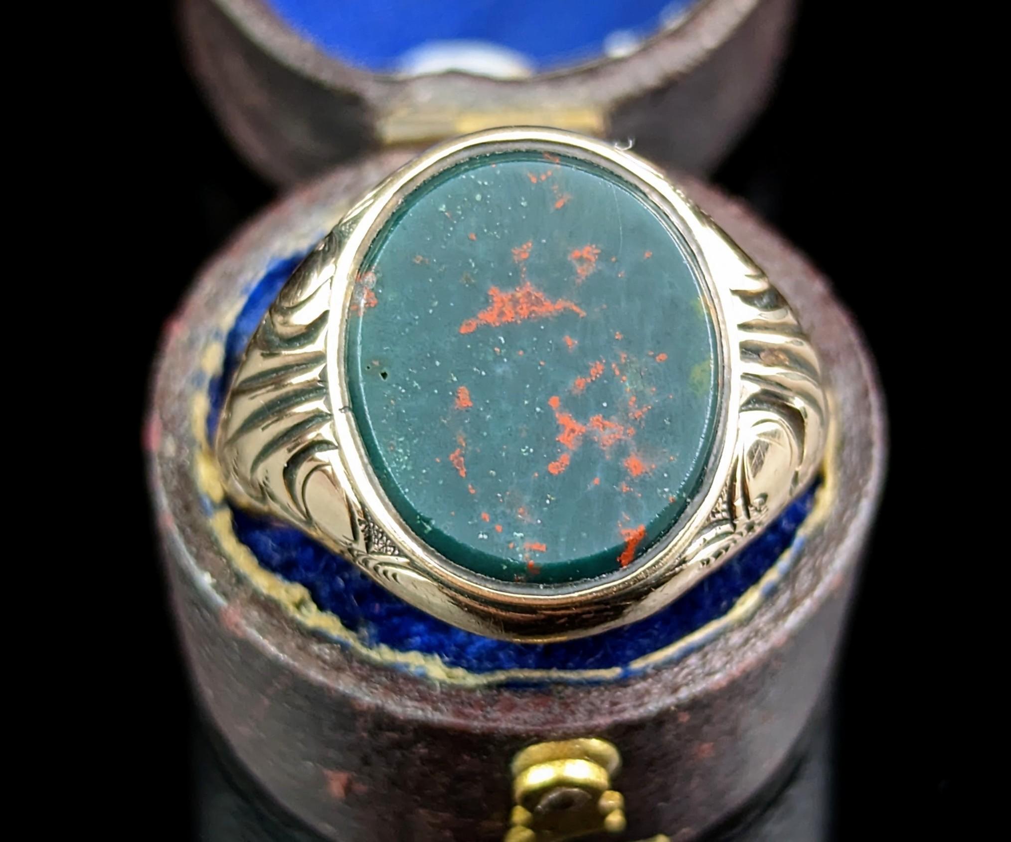 Antique Bloodstone Signet Ring, 9k Rose Gold, Art Deco 3