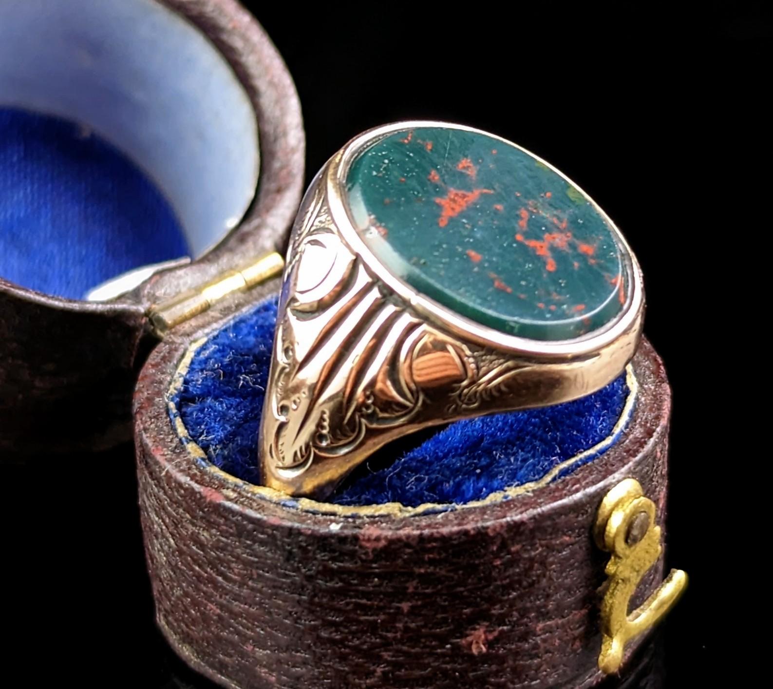 Antique Bloodstone Signet Ring, 9k Rose Gold, Art Deco 4