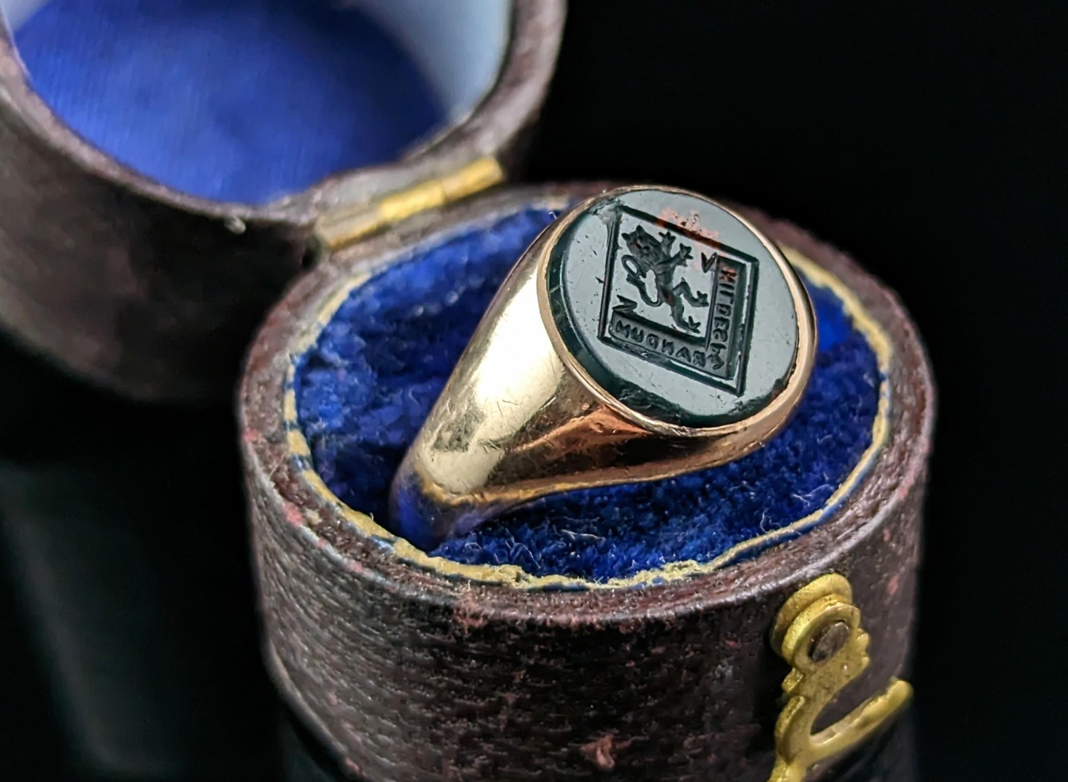 If you are looking for a classic antique signet ring then this one is for you.

A simple yet handsome design, this signet ring has an oval shaped face set with a carved Bloodstone intaglio.

It has a smooth polished band and beautiful chunky plain