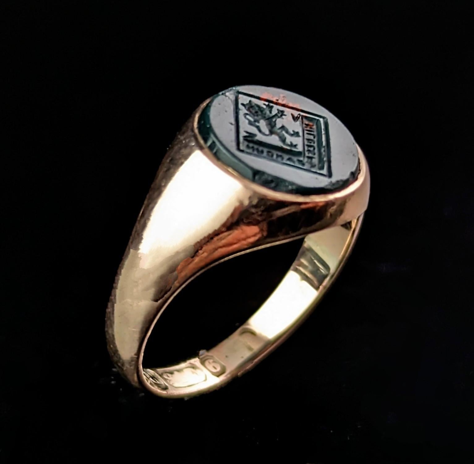 Antique Bloodstone signet ring, Lion Intaglio, 9k gold  3