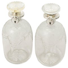 Antique Blown and Acid Etched Glass and Sterling Silver Locking Decanters