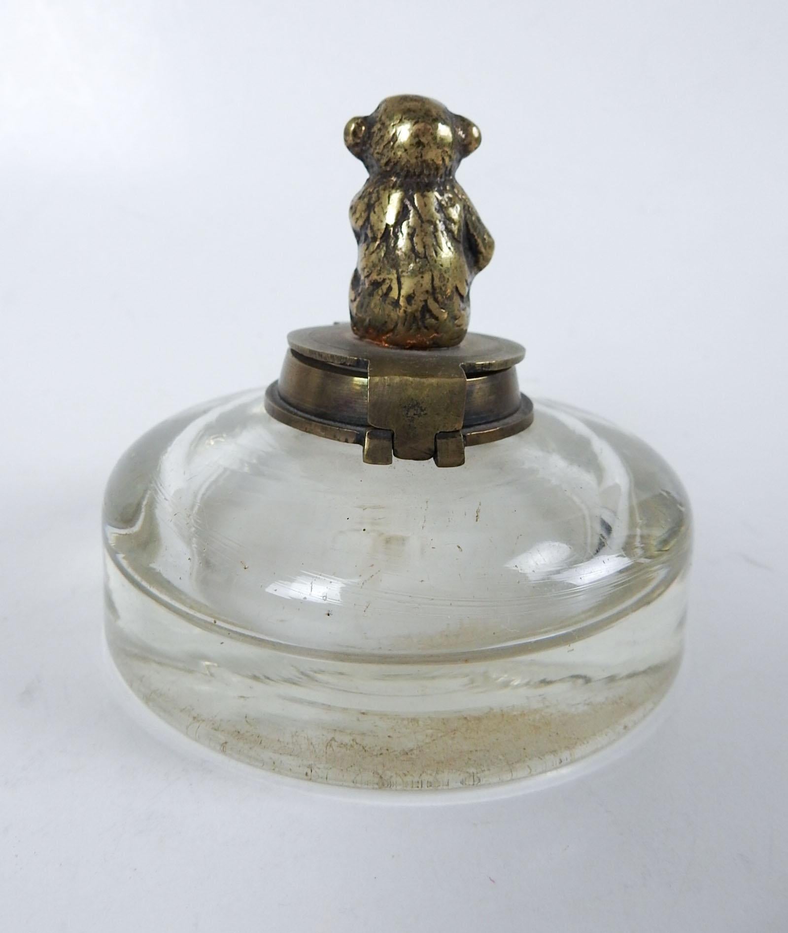Aesthetic Movement Antique Blown Glass Inkwell With Brass Monkey Hinged Lid