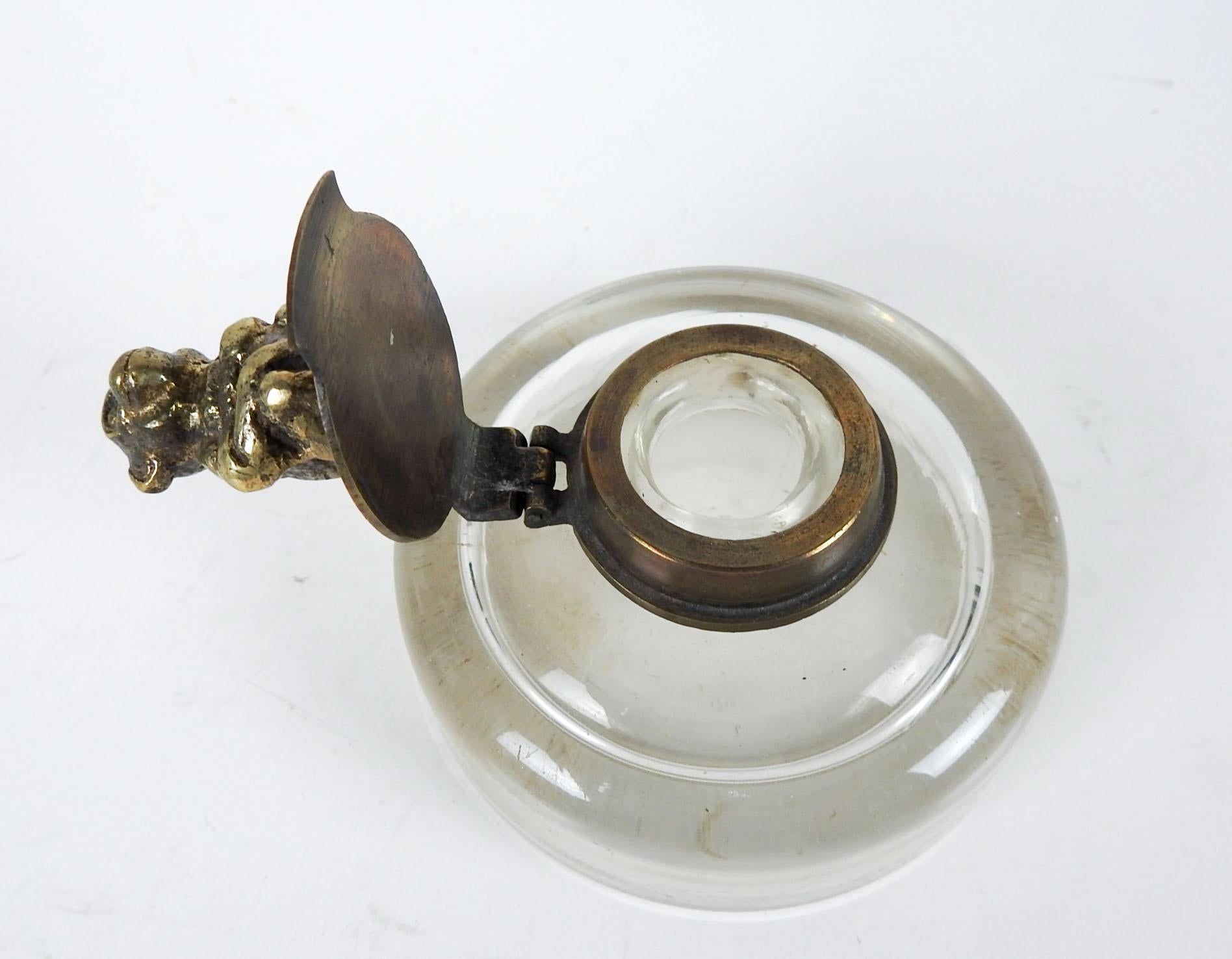 Unknown Antique Blown Glass Inkwell With Brass Monkey Hinged Lid
