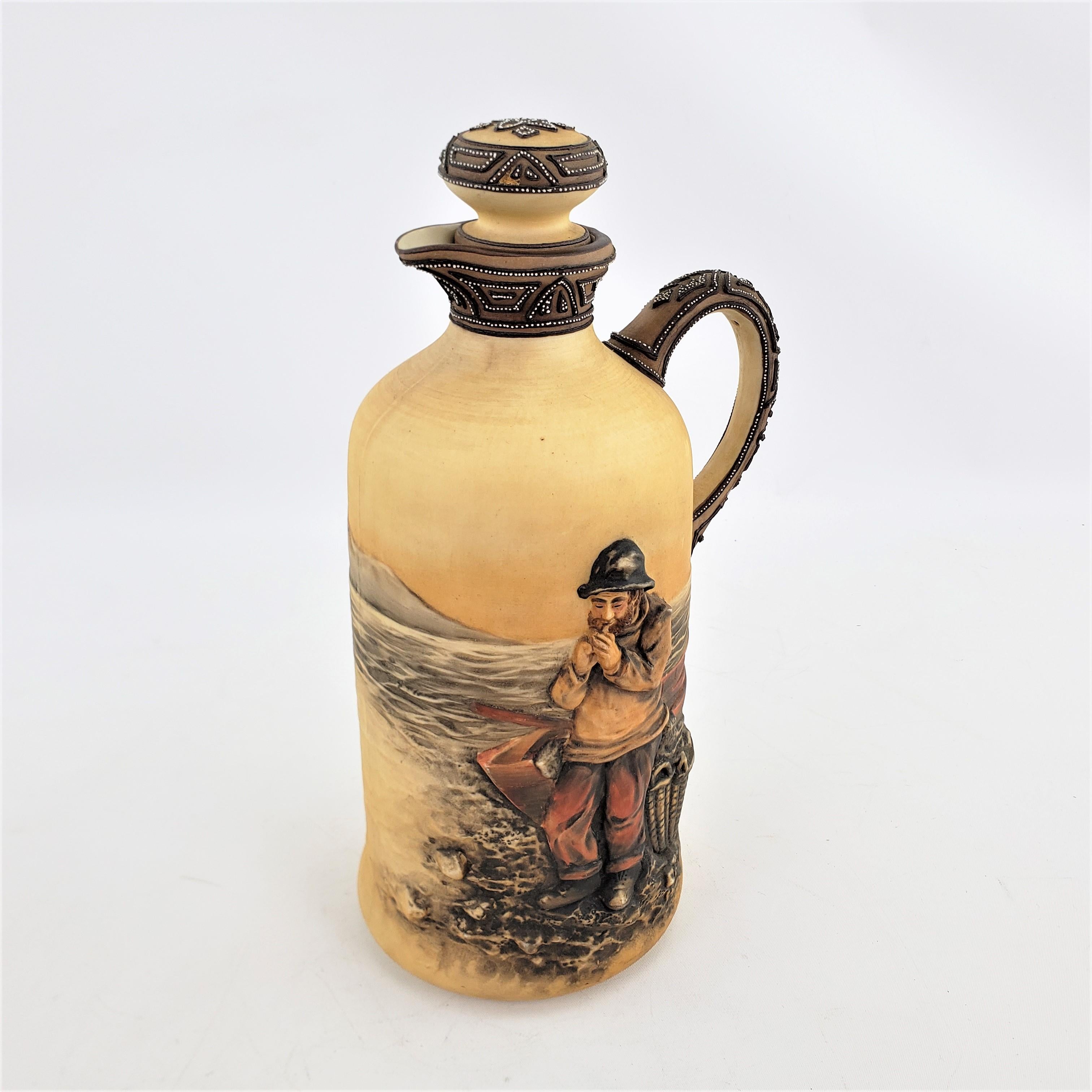 Japanese Antique Blown Out & Hand-Painted Nippon Decanter or Jug with Fisherman Decor