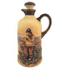 Antique Blown Out & Hand-Painted Nippon Decanter or Jug with Fisherman Decor