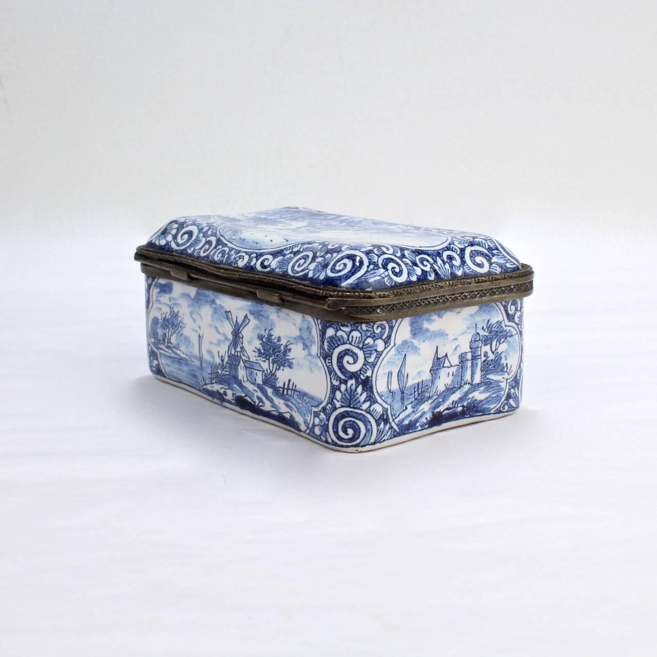Dutch Antique Blue and White Delft Pottery Table Snuff Box or Casket