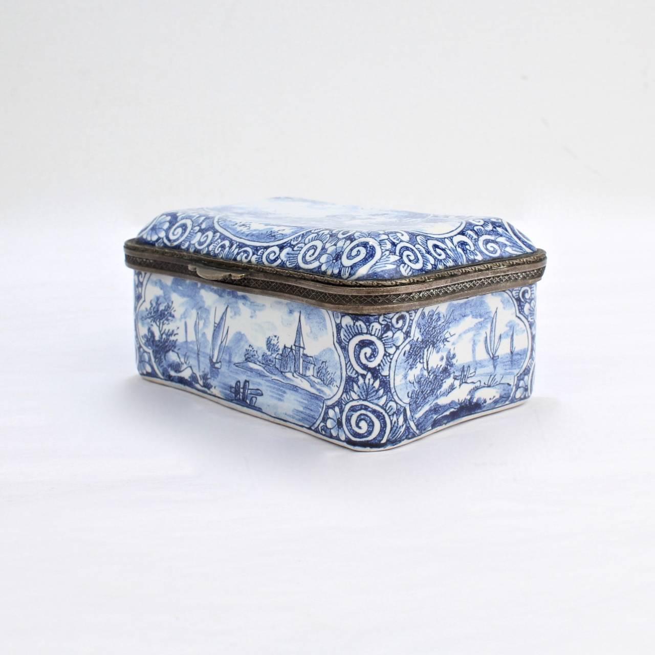 20th Century Antique Blue and White Delft Pottery Table Snuff Box or Casket