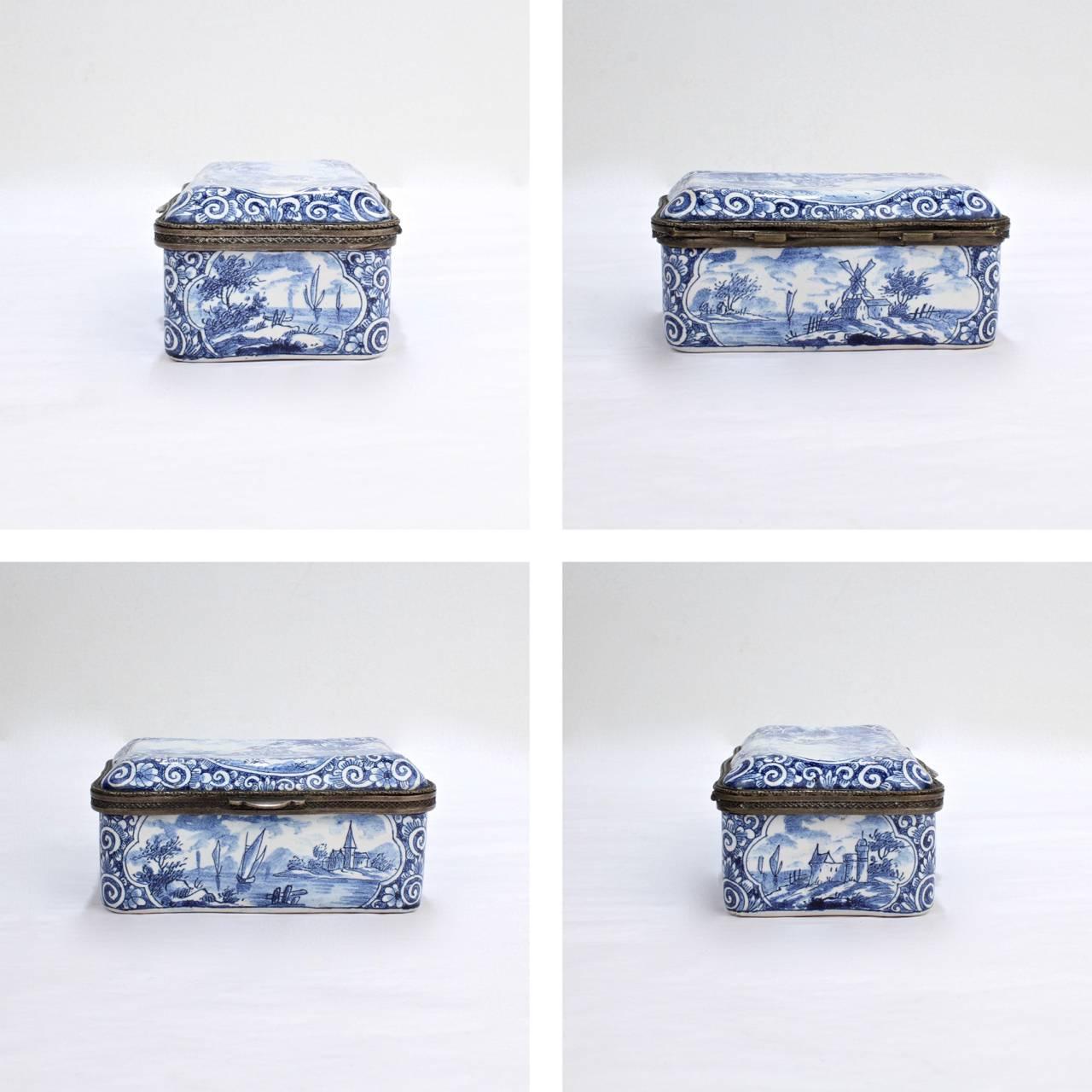 Antique Blue and White Delft Pottery Table Snuff Box or Casket 1