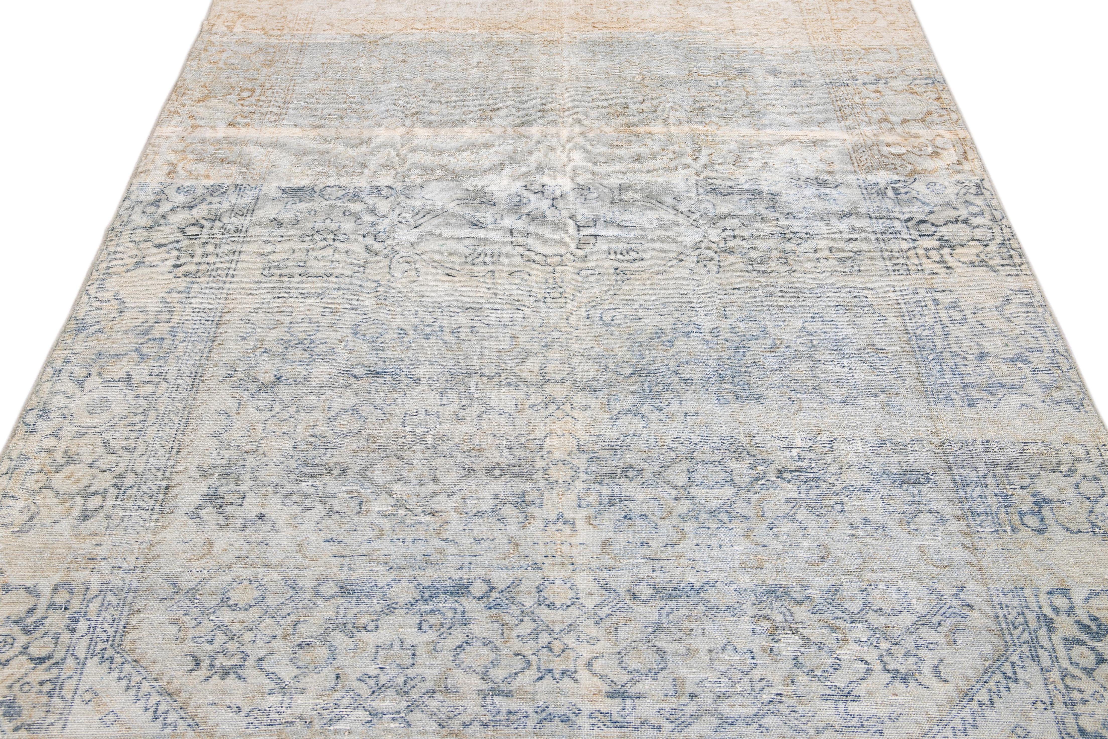 Islamic Antique Blue And Beige Mahal Handmade Medallion Floral Wool Rug For Sale
