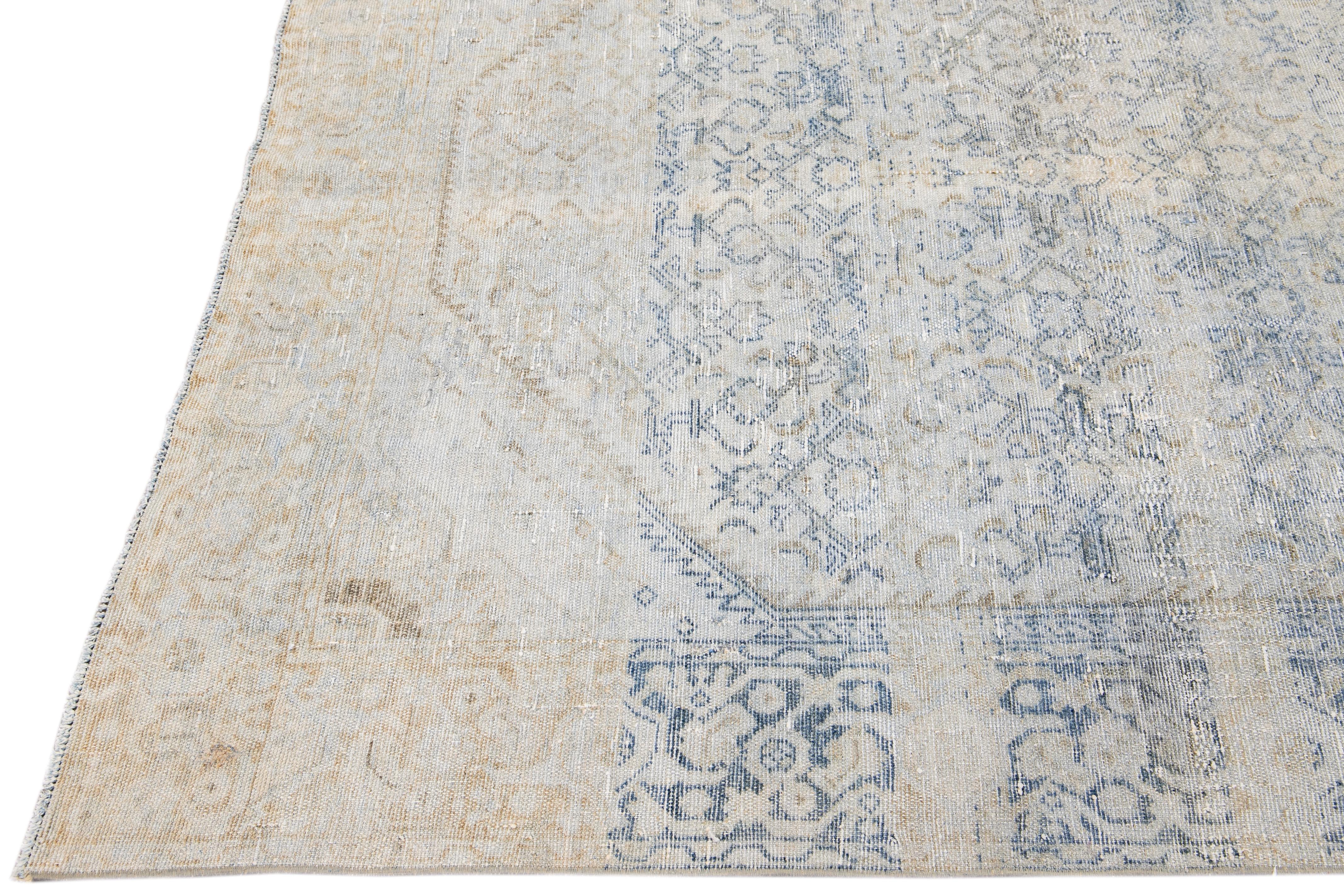 Persian Antique Blue And Beige Mahal Handmade Medallion Floral Wool Rug For Sale