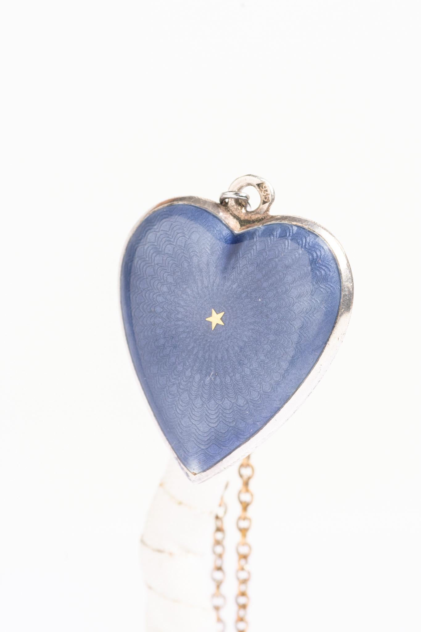 Antique Blue And Gold Guilloche Enamel Heart Pendant Necklace In Good Condition For Sale In Portland, England