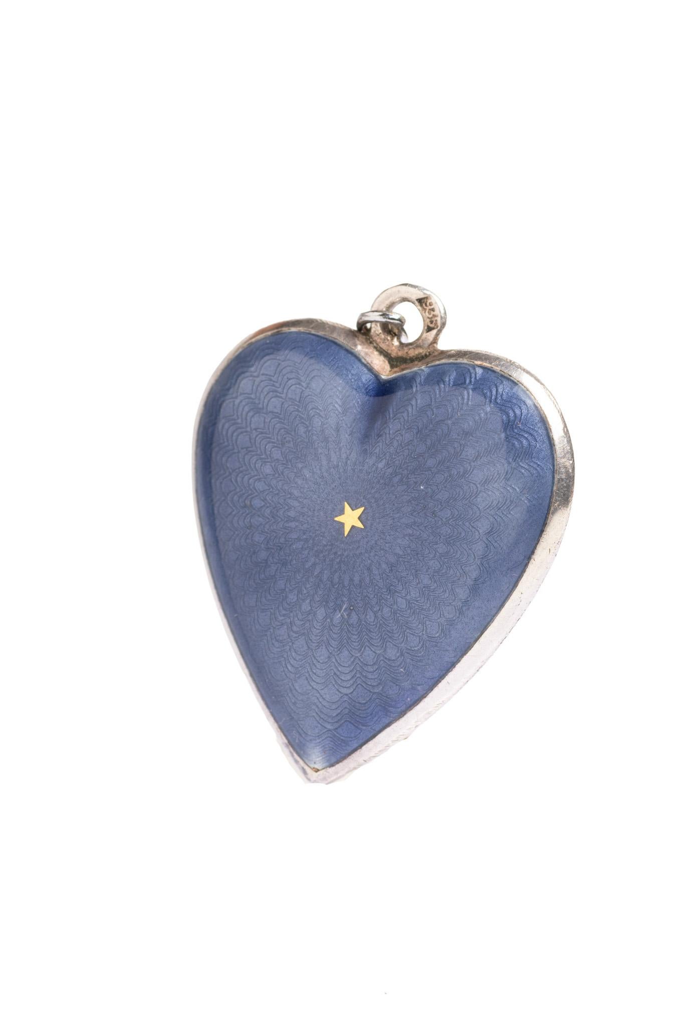 Women's or Men's Antique Blue And Gold Guilloche Enamel Heart Pendant Necklace For Sale