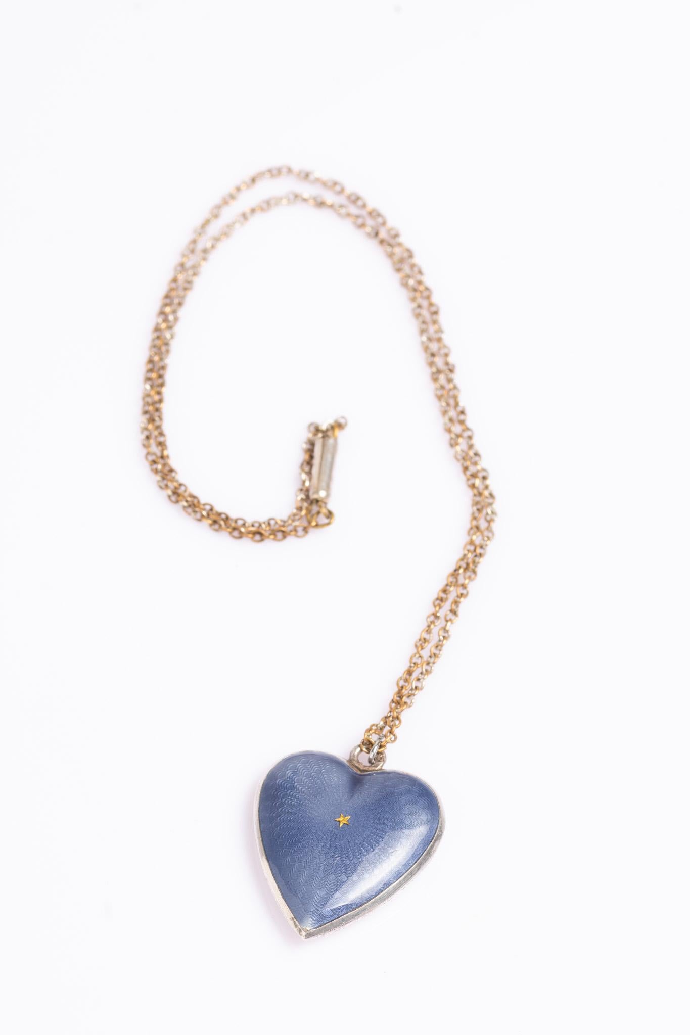 Antique Blue And Gold Guilloche Enamel Heart Pendant Necklace For Sale 1