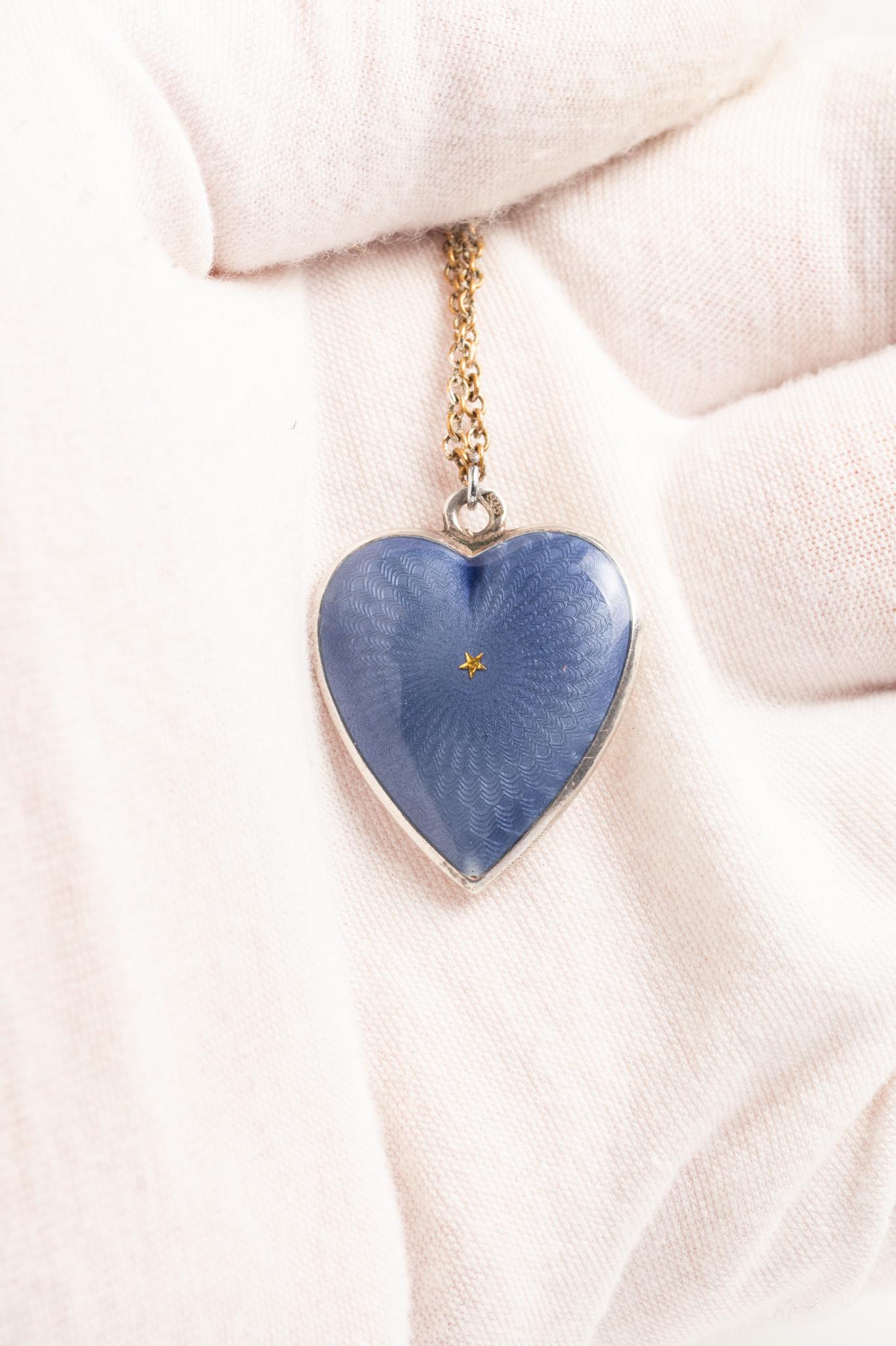 Antique Blue And Gold Guilloche Enamel Heart Pendant Necklace For Sale 5