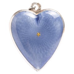 Antique Blue And Gold Guilloche Enamel Heart Pendant Necklace