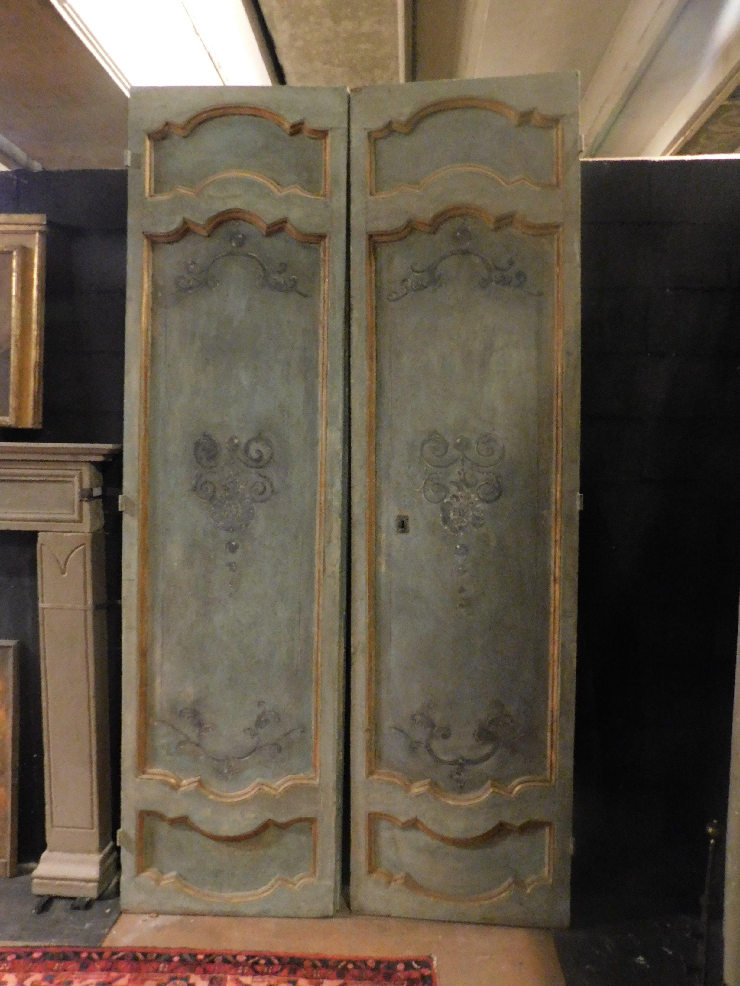 Hand-Painted Antique Blue and Gold Lacquered Wooden Door, 1700, Italy