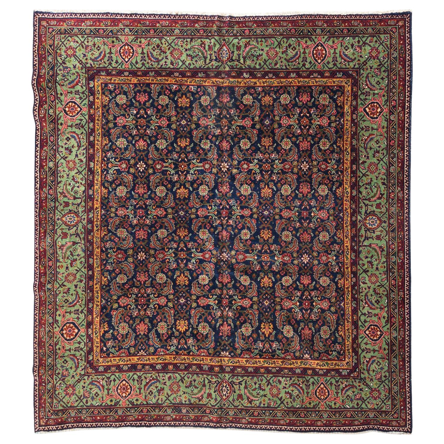 Antique Blue and Green Square Floral Persian Farrahan Rug circa 1930s-1940s