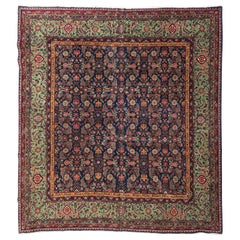 Antique Blue and Green Square Floral Persian Farrahan Rug circa 1930s-1940s