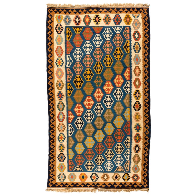 Antique Blue and Ivory Caucasian Kilim Geometric Area Rug, 1940s 4.7 x 8.3 ft For Sale at 1stDibs