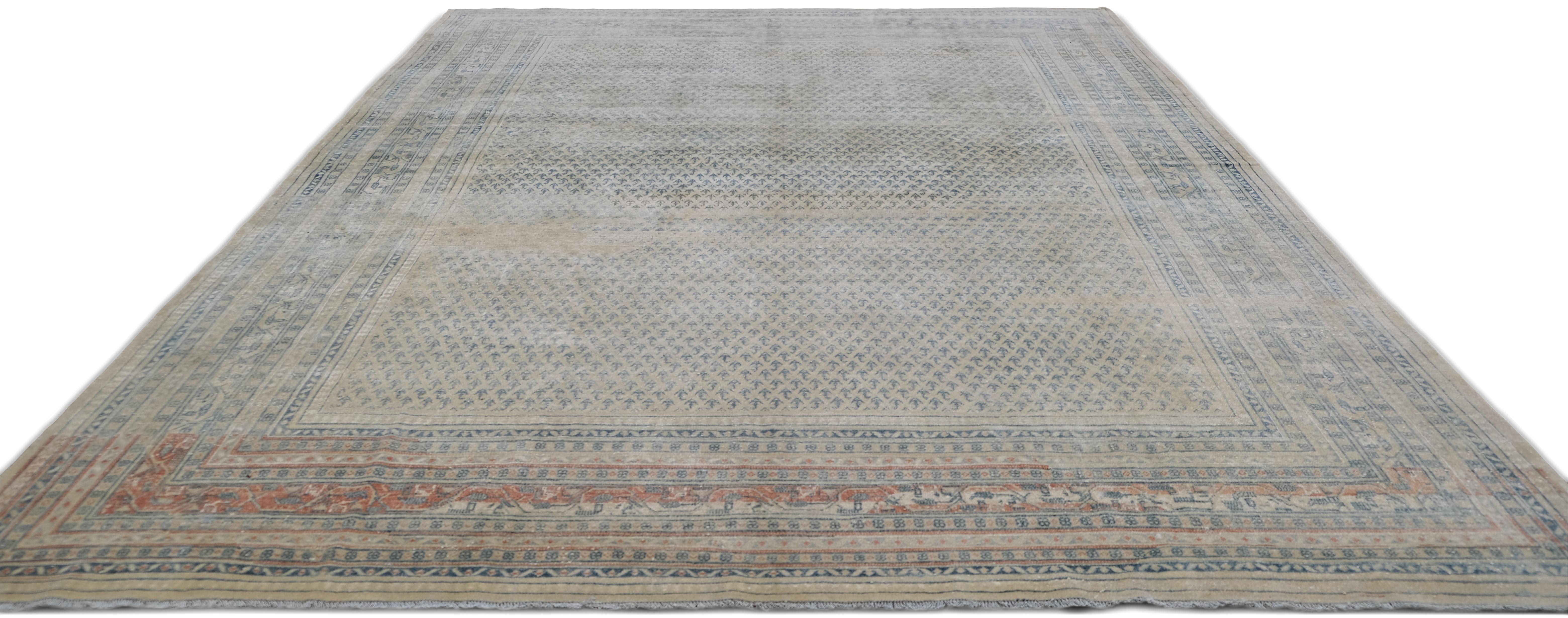 Annodato a mano Antico modello Mahi Herati blu e avorio 9'x12' Circa 1920 in vendita