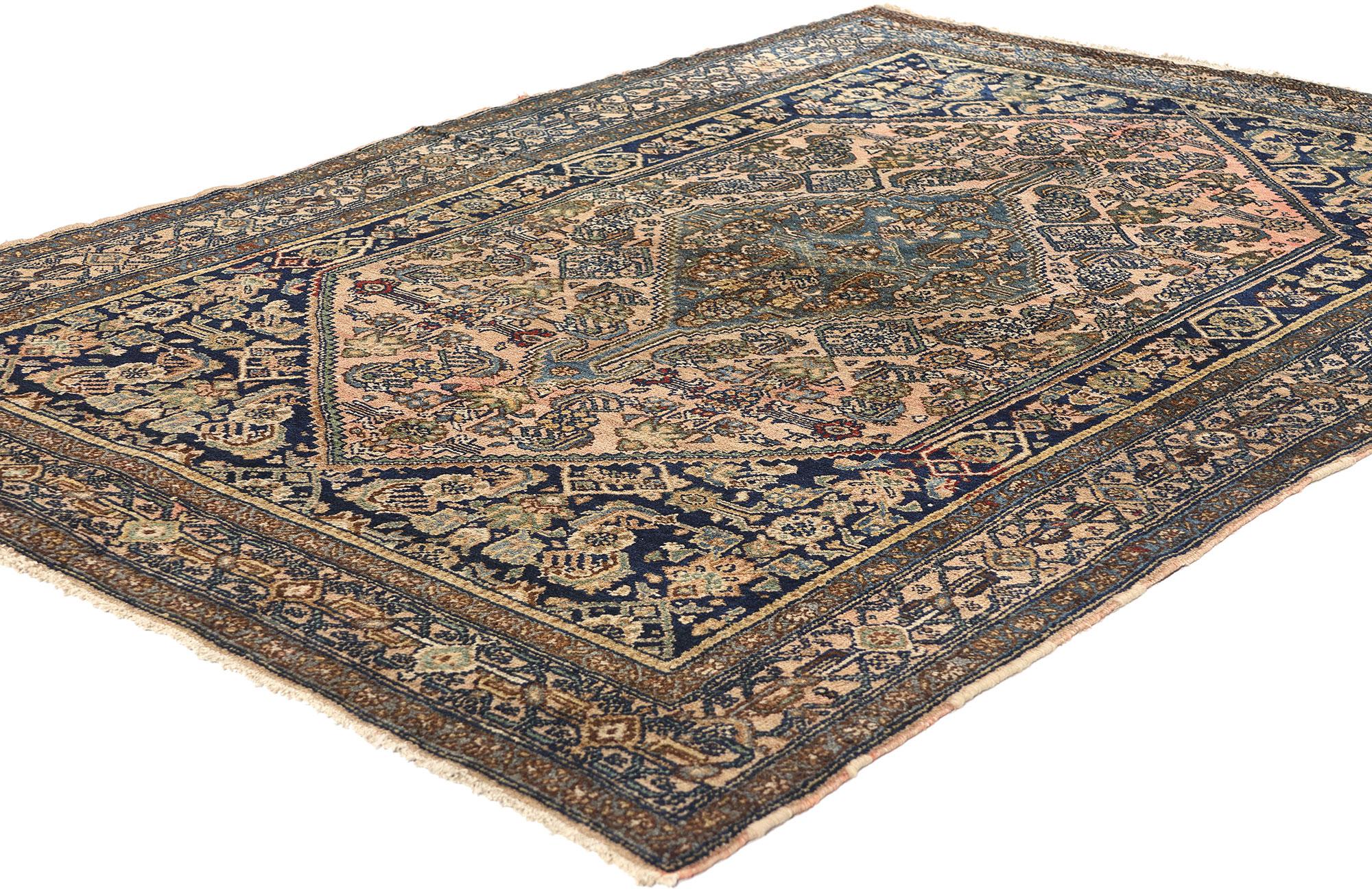 77710 Antique Persian Bibikabad Rug, 04'05 x 06'08. Persian Bibikabad rugs, originating from the Bibikabad region near Hamadan in western Iran, are renowned for their durability and intricate designs. Typically hand-knotted using high-quality wool,