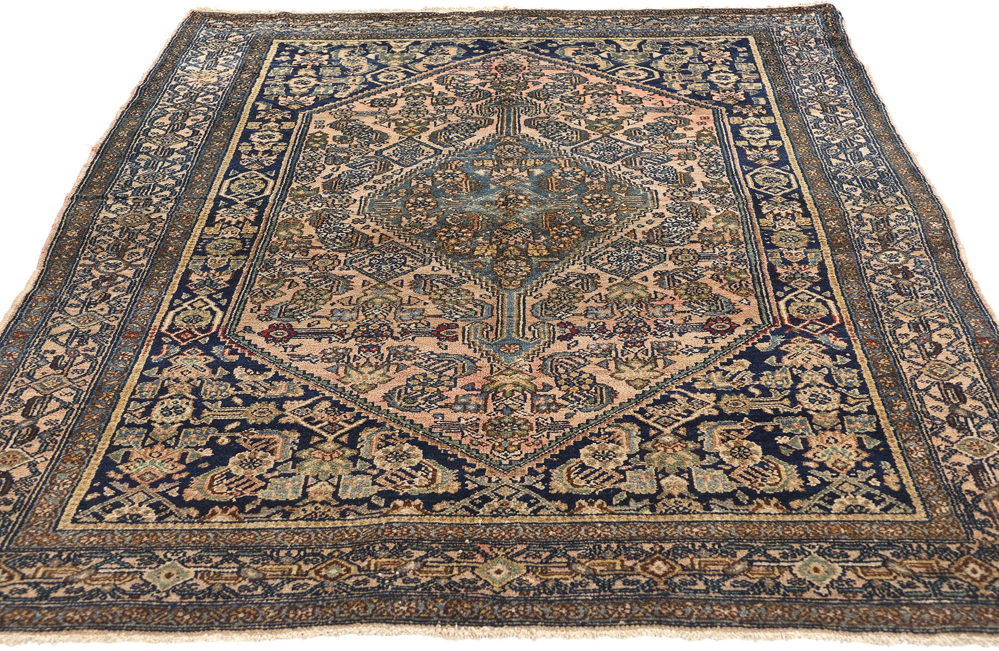 Malayer Antique Blue and Pink Persian Bibikabad Carpet For Sale