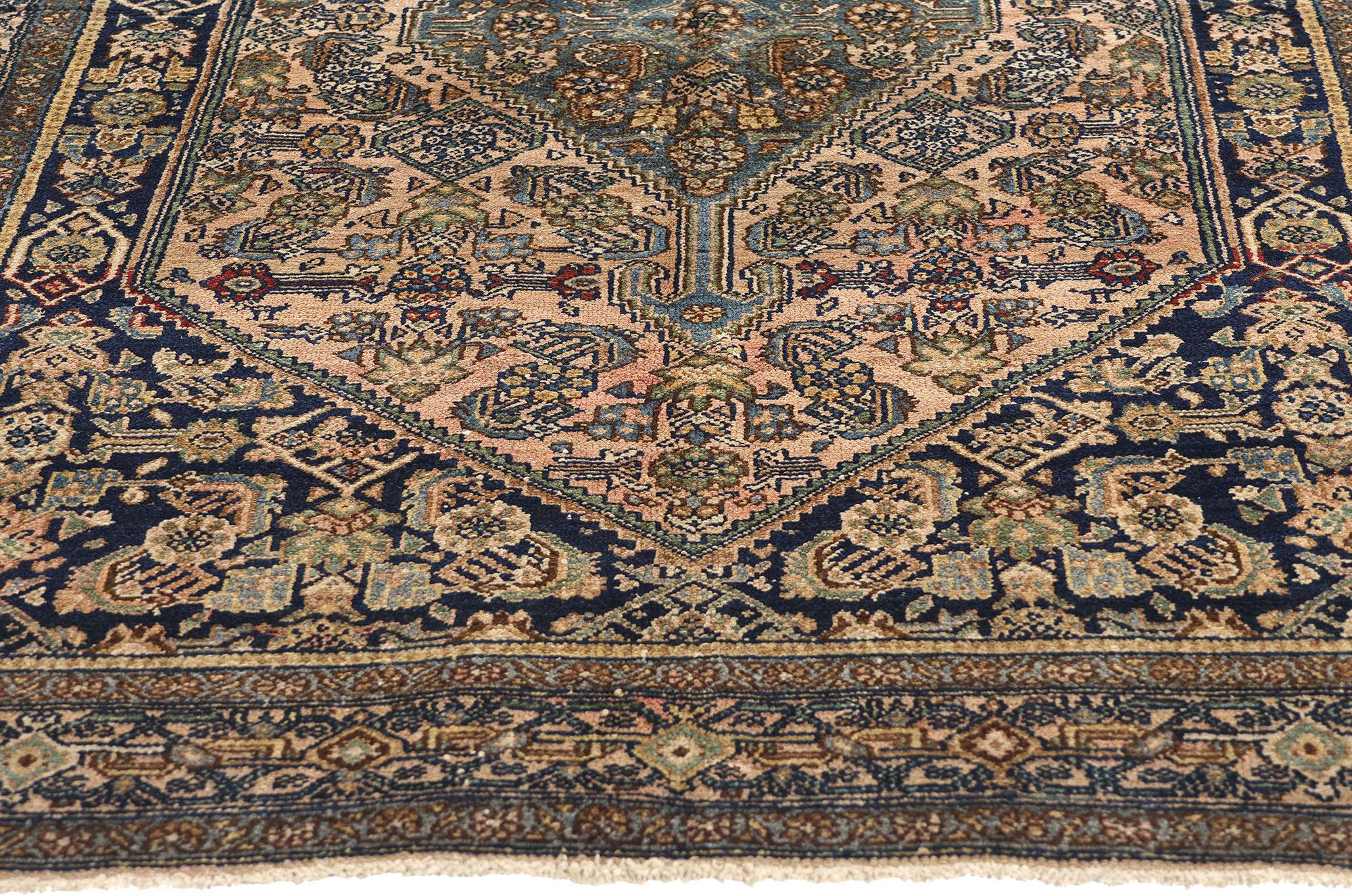Hand-Knotted Antique Blue and Pink Persian Bibikabad Carpet For Sale