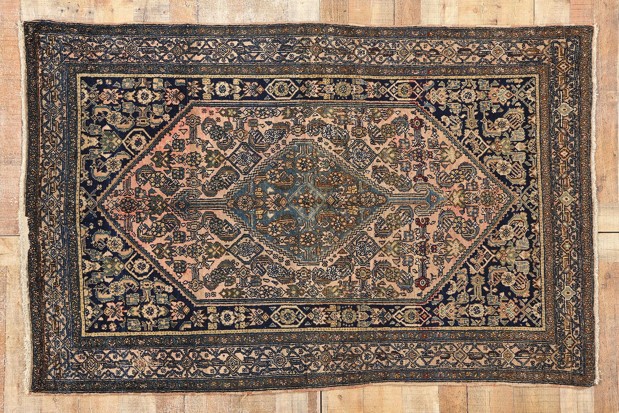 Alfombra antigua persa Bibikabad azul y rosa en venta 1