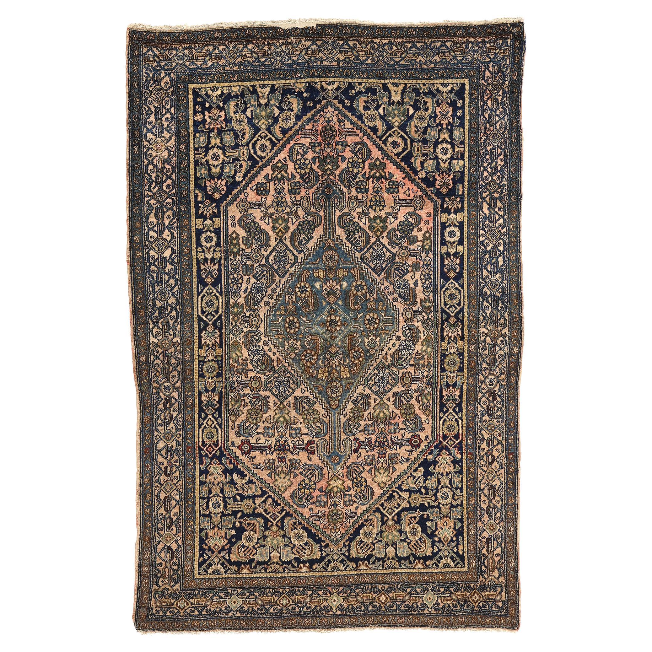 Antique Blue and Pink Persian Bibikabad Carpet