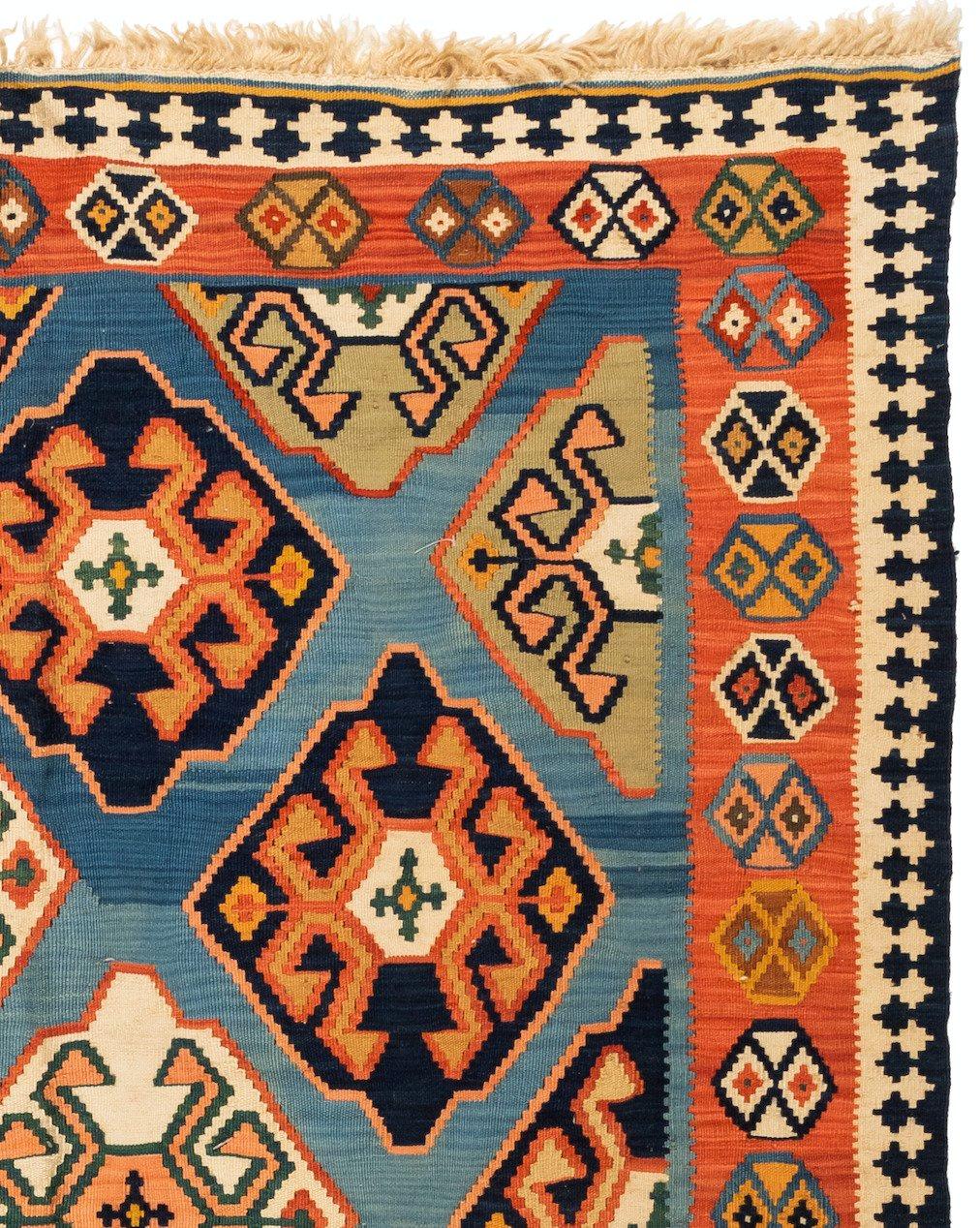 Hand-Woven Vintage Blue and Rust Tribal Caucasian Kilim Flat Weave Rug, circa 1940s