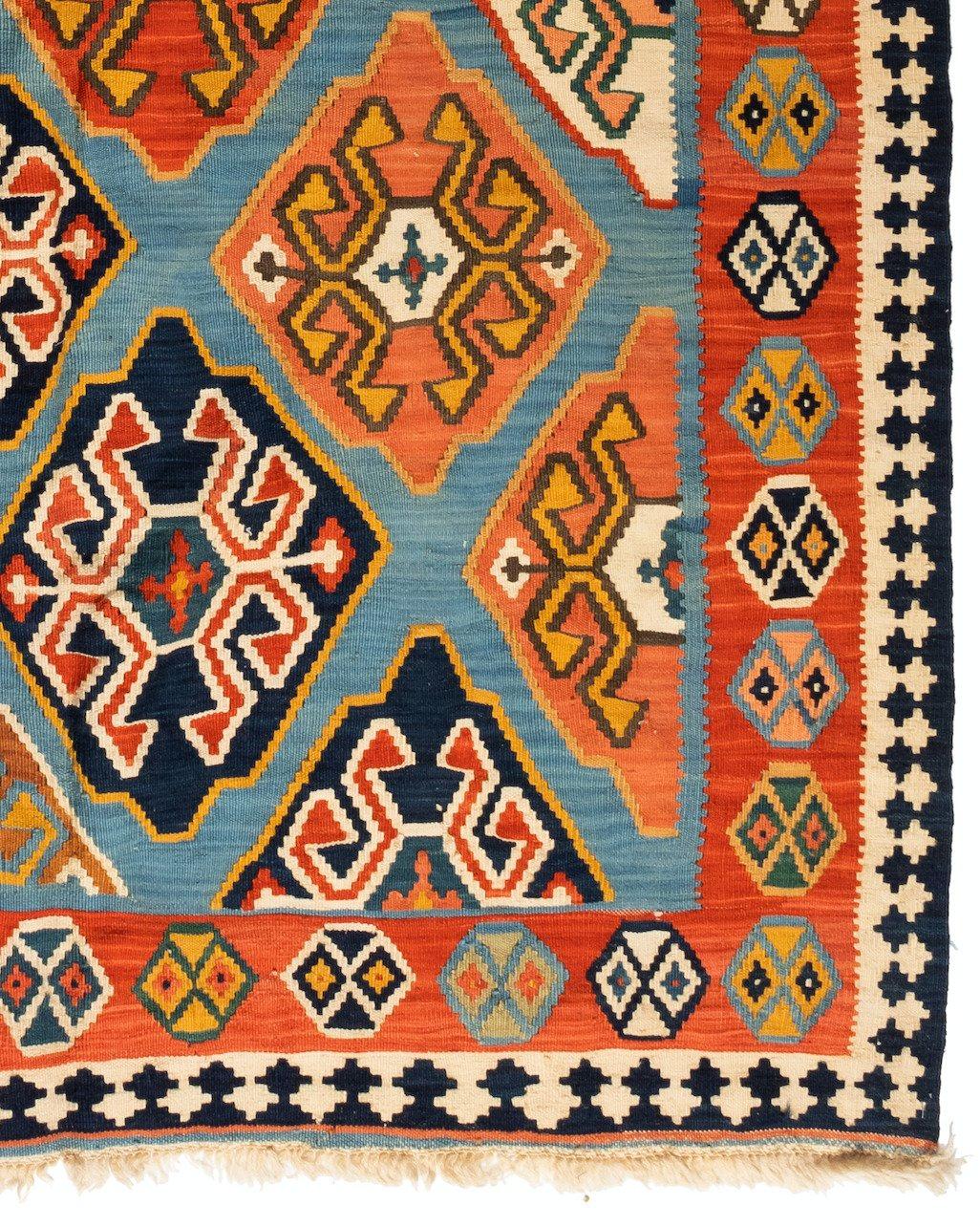 Vintage Blue and Rust Tribal Caucasian Kilim Flat Weave Rug, circa 1940s In Good Condition In New York, NY